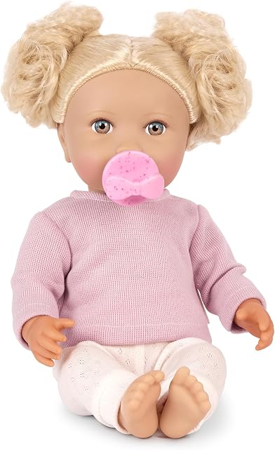 LullaBaby Baby Doll, 14-Inch Realistic Soft-Body Doll, Blue Eyes | Blue eyes, wavy light-blonde hair, pink sweater and pants, 2 hair elastics for styling play, pacifier included, 2+ Years