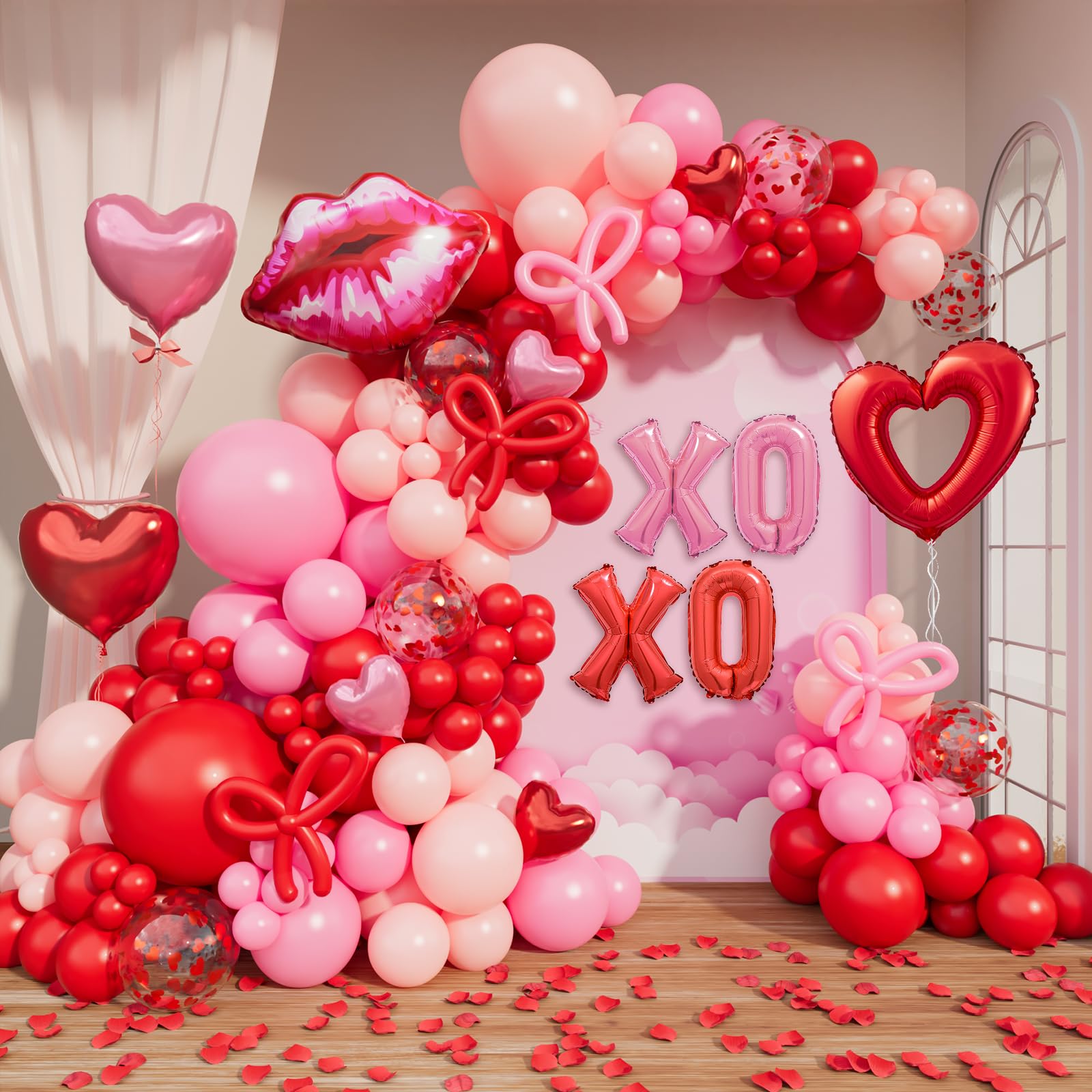 DBKL Red and Pink Balloon Arch Garland Kit, 161Pcs Pink Red Rose Balloons with Pink Heart Lip XOXO Foil Balloons for Girls Anniversary Birthday Wedding Valentines Day Decorations