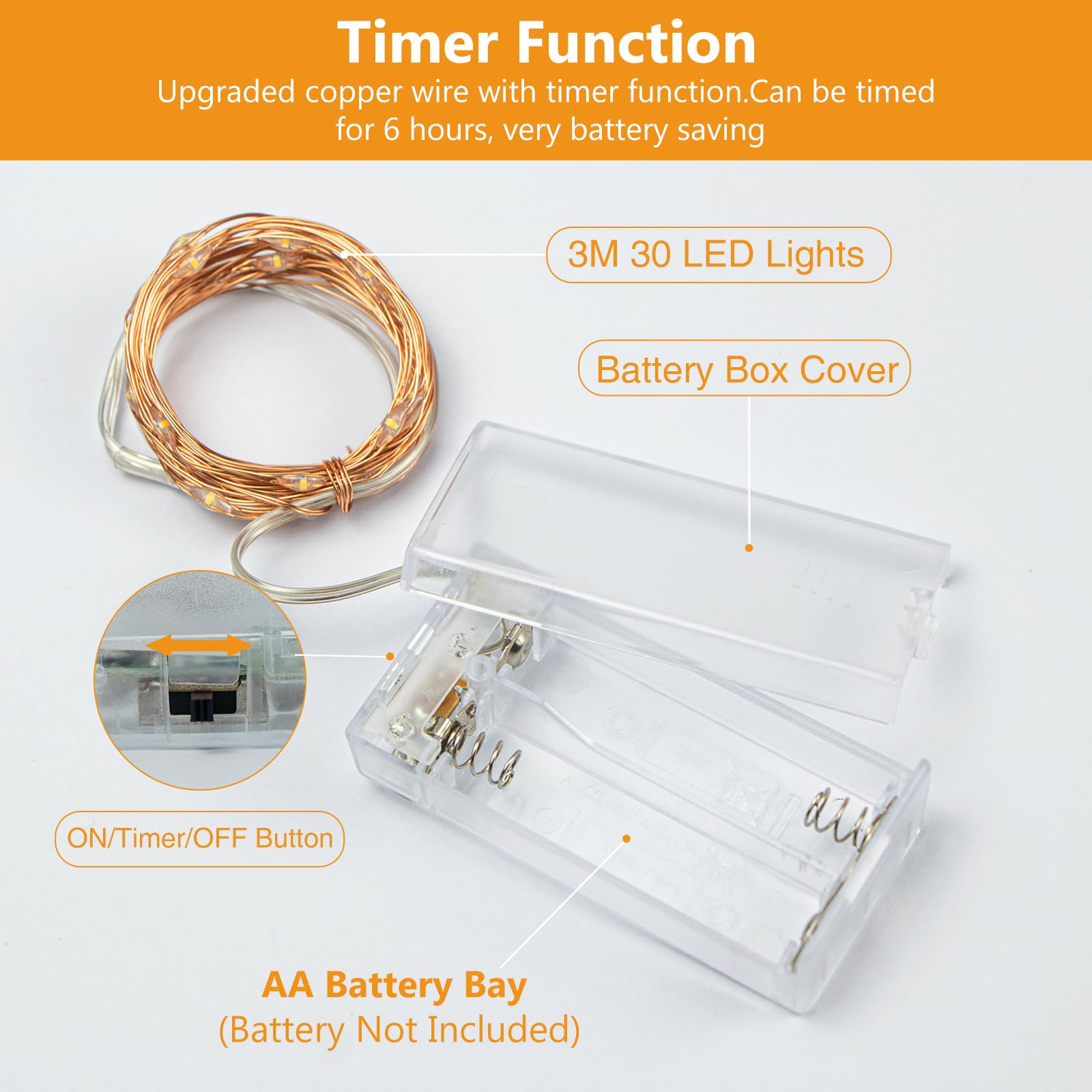 litogo 10 piezas de cadena de luces LED con batería y temporizador, 3M 30 LED de alambre de cobre para interior, cadenas de luces con batería (pila AA) para fiesta, Navidad, Halloween, boda