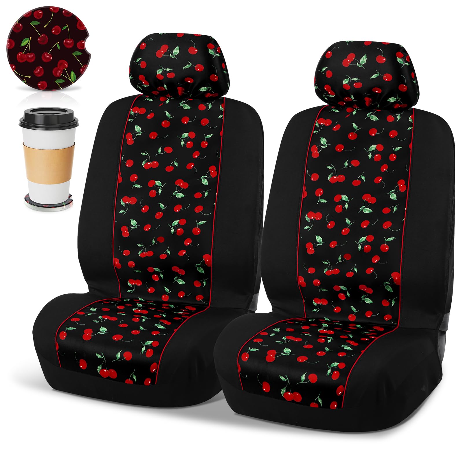Tallew Lot de 2 housses de siège de voiture rouges cerise pour sièges avant avec housses d'appui-tête assorties - Dessous de verre absorbants avec encoche de doigt - Convient à la plupart des voitures