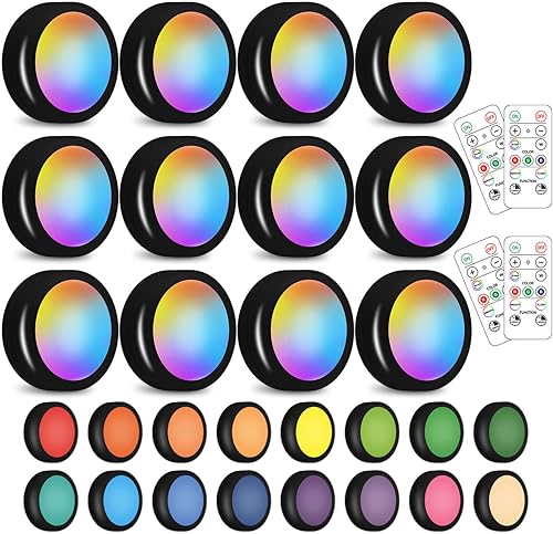 SIXDEFLY Paquete de 12 luces LED inalámbricas que cambian de color, 12 luces LED para debajo del gabinete, luces nocturnas alimentadas por batería,