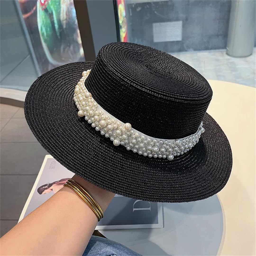 Yeuyyben Cappello da donna alla moda da spiaggia, cappello piatto in paglia, decorazione estiva per protezione solare