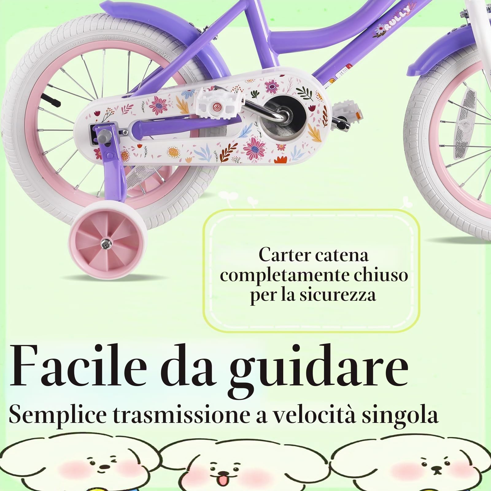 RULLY Bici da bambina 14" Daisy 3-5 anni – Bicicletta da bambino con ruote e cestino – Colore viola