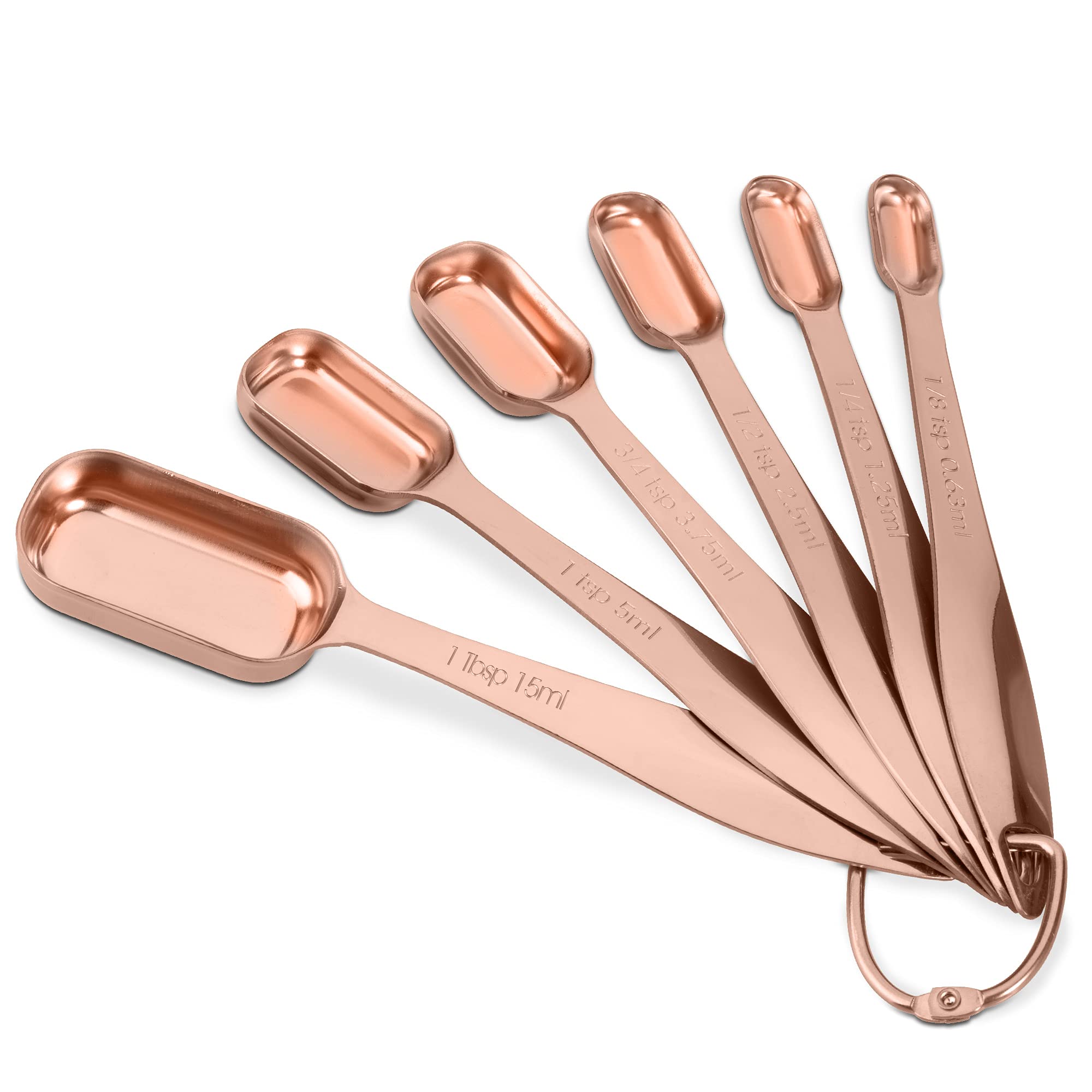 Lot de 13 tasses et cuillères à mesurer en acier inoxydable 18/8 avec poignée ergonomique robuste avec anneau de connexion Or rose