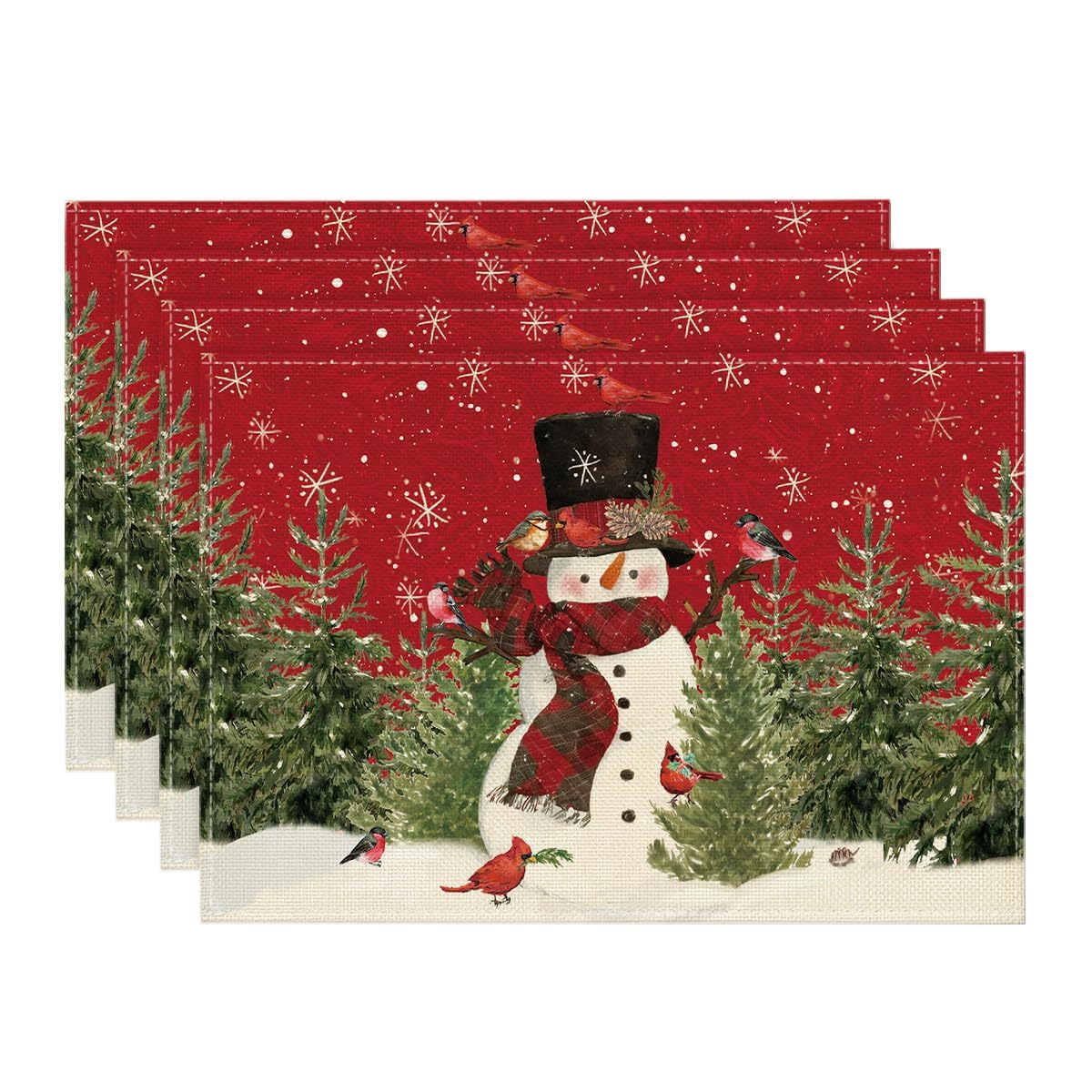 Artoid Mode Juego de 4 manteles Individuales de Navidad, muñeco de Nieve, Color Rojo, mantones de Pino, decoración de Vacaciones, manteles Individuales Lavables para Cocina, 30 x 45 cm