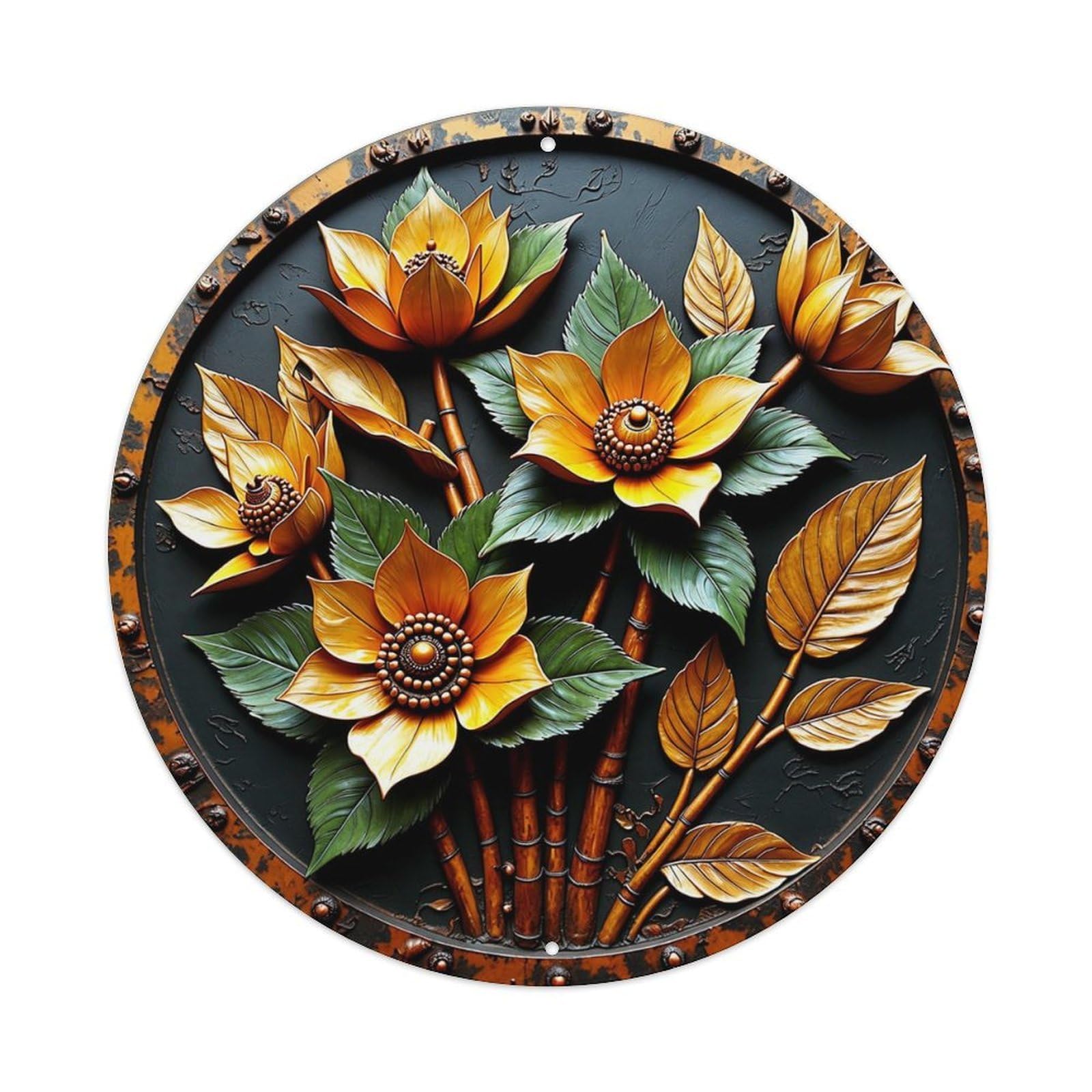 Golden Flowers Bamboo Leaves Art Retro Metal Sign Round Tin Sign, Vintage Decor Art Poster for Bar, Home, Man Cave, Kitchen, Laundry Room Gift 8x8Inch