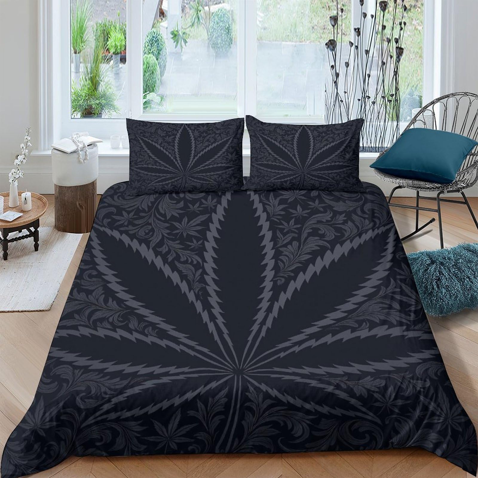 GPLZQXKJNH 3D Printed Black Cannabis Leaf Duvet Cover Microfiber Soft Breathable Botanical Pattern Bedding Set with 2 Pillowcases for Bedroom Home Décor Single（135x200cm）