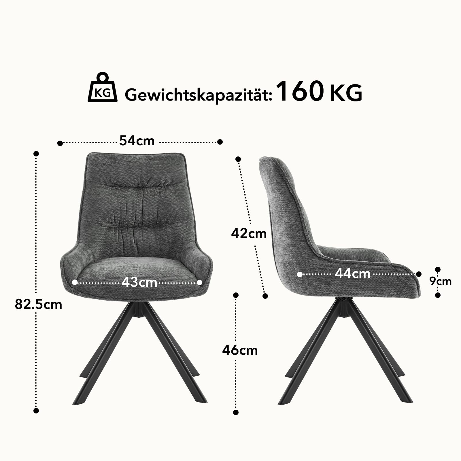 Drehstuhl Esszimmer, 4er Set 360° Drehbar Esszimmerstuhl, Küchenstuhl, Polsterstuhl aus Chenille, Schminkstuhl mit Hoher Rückenlehne und Metallbeine für Esszimmer Küche Büro, Dunkelgrau