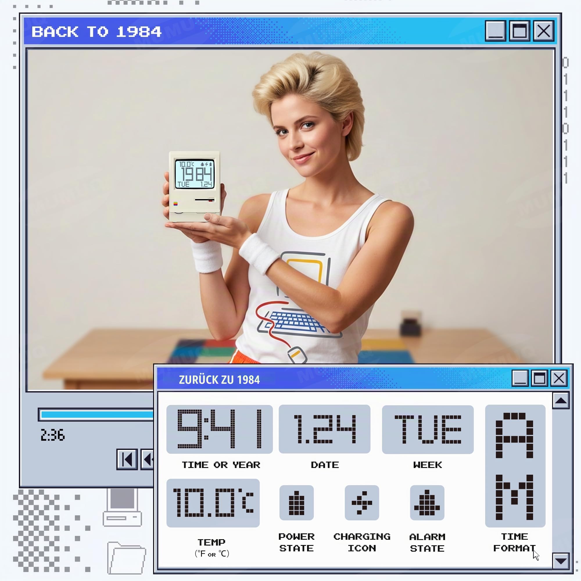 Maclock Retro Wecker Digital Vintage Computer Deko mit Pixel LCD Display | 5 Alarmmodi, Warmes Dimmer & Diskette-Accessoire, Nostalgisches Geschenk für Schlafzimmer, Home Office, Gaming-Setup