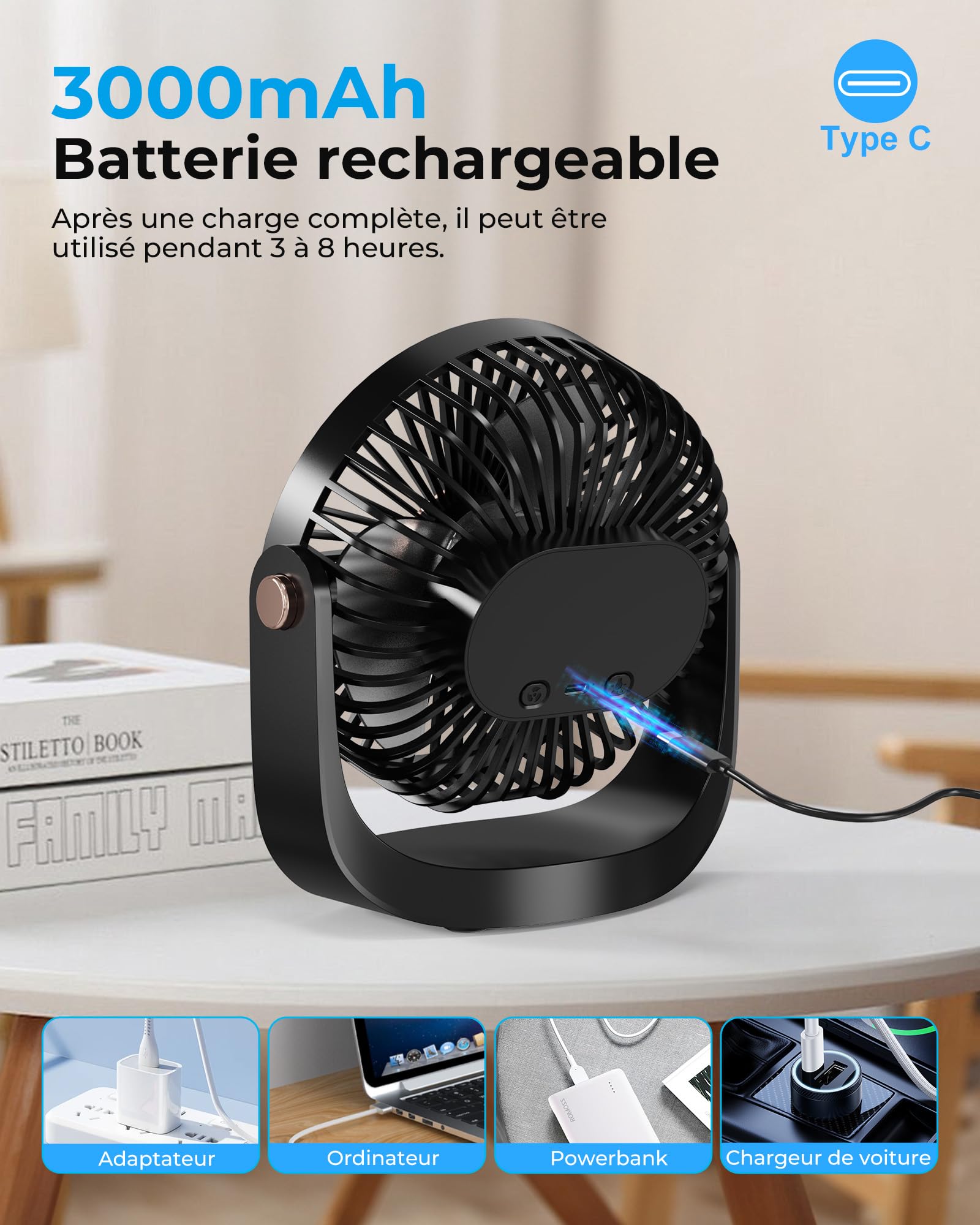 Ventilateur de Bureau Portable - 3000mAh Ventilateur de Table Silencieux USB avec Veilleuse,5 Vitesses,Jusqu'à 8h,Rotation à 360°,Faible Bruit 20 dB,Fan Sans Fil Rechargeable pour Maison Extérieur - 5
