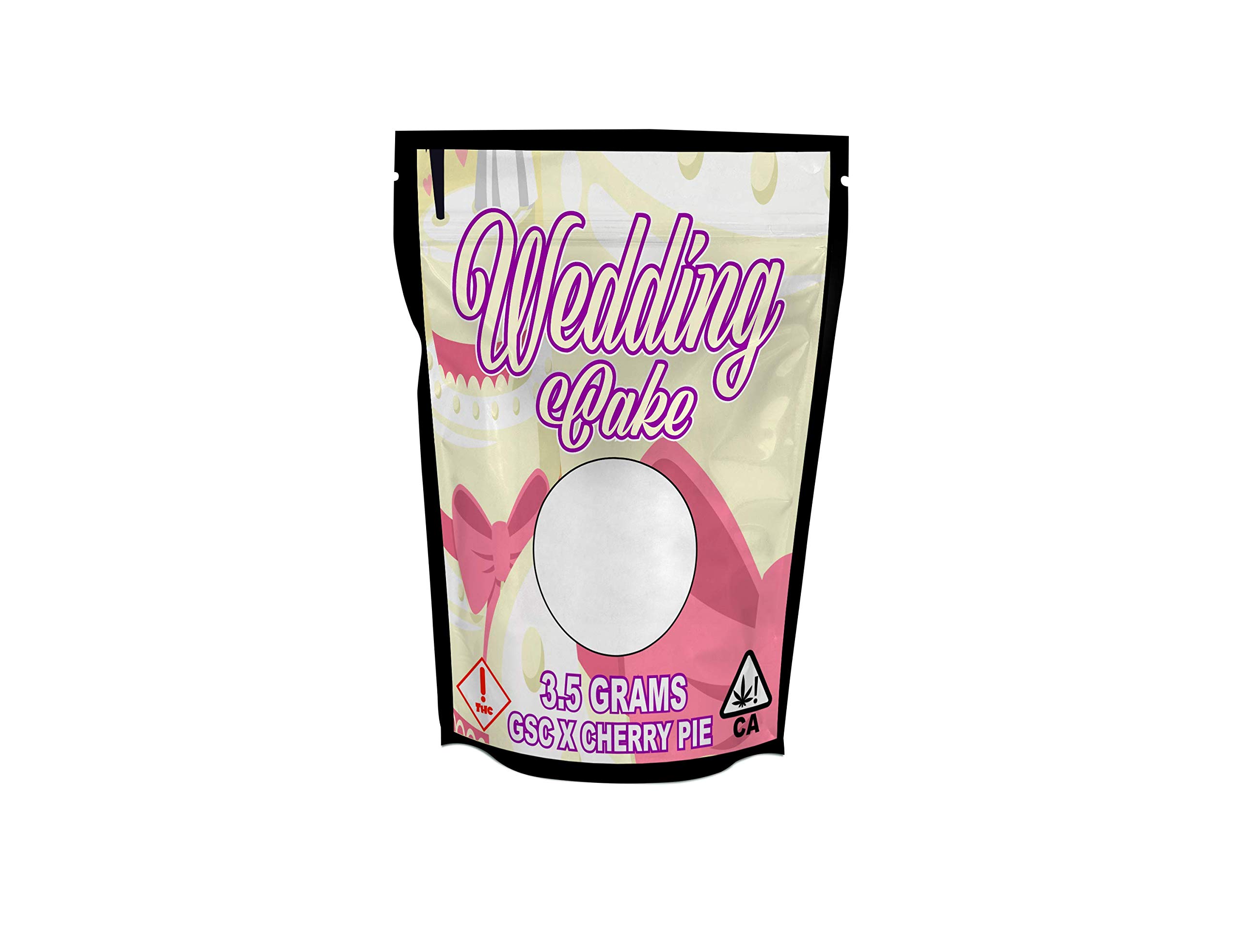 Pound's Press 3.5g, 1/8oz Mylar Bag Stickers - Printed High Gloss Vinyl Label with Strain Design (Wedding Cake, Pack of 128)