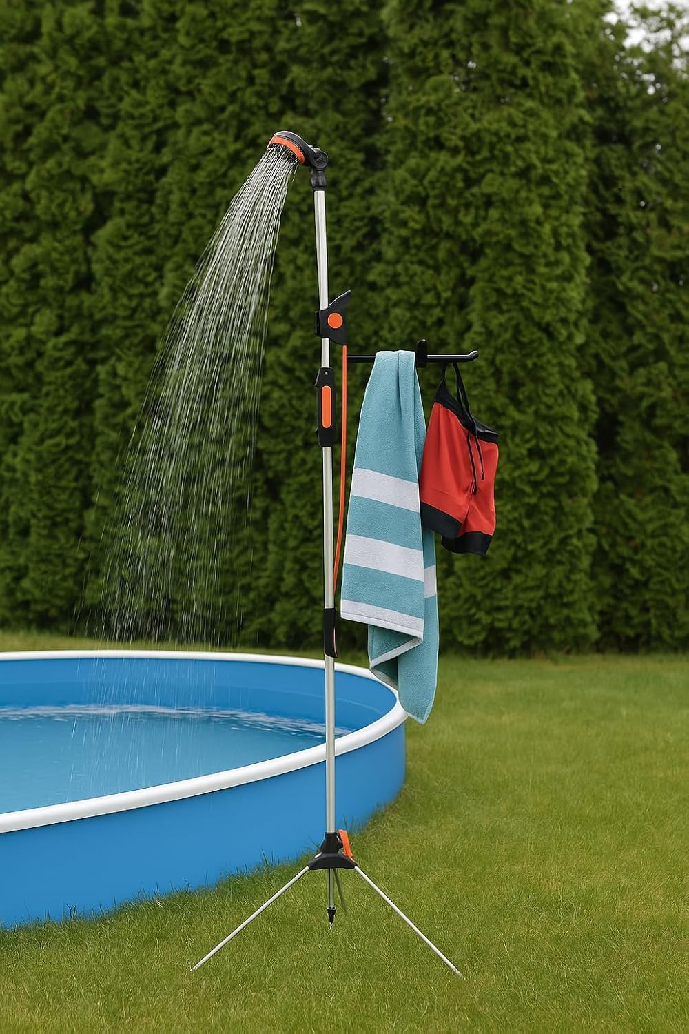 Suinga Doccia da Giardino Regolabile con treppiede da 2 m | Doccia da Campeggio con soffione inclinabile Rimovibile | Doccia per Piscina 2 in 1 in Alluminio anticorrosione