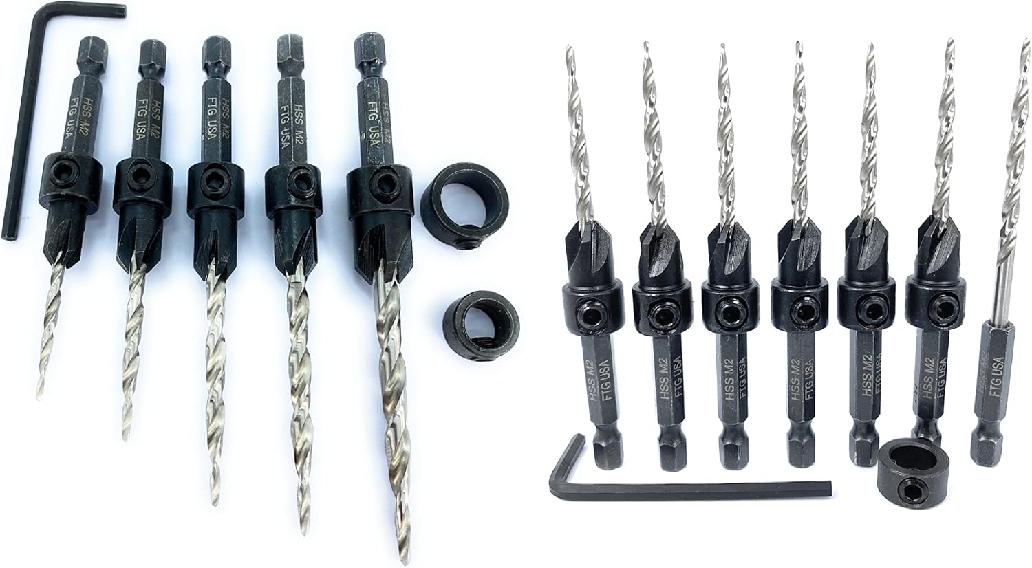 FTG USA Wood Countersink Drill Bit Set 5 Sizes Set Countersink #4, 6, 8, 10, 12 Tapered Drill Bits with Hex Shank and 6 Pc Set All Same Size #6 (9/64") with a Replacement bit, Depth Stop and Hex Key