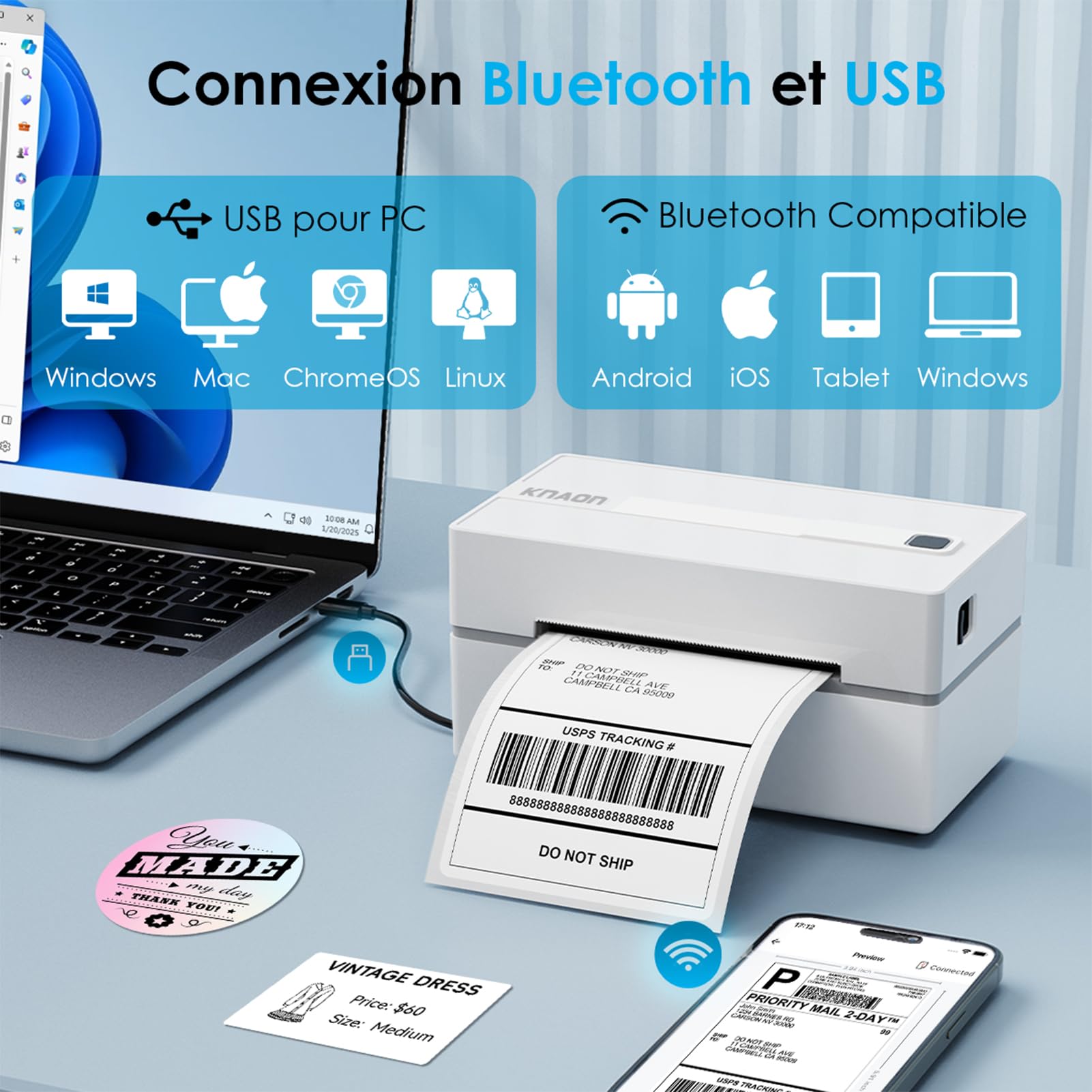KNAON Imprimante Thermique Portable Bluetooth, Imprimante d'Étiquettes 4x6 sans Fil, Compatible iPhone/Android/Mac/PC, Blanc