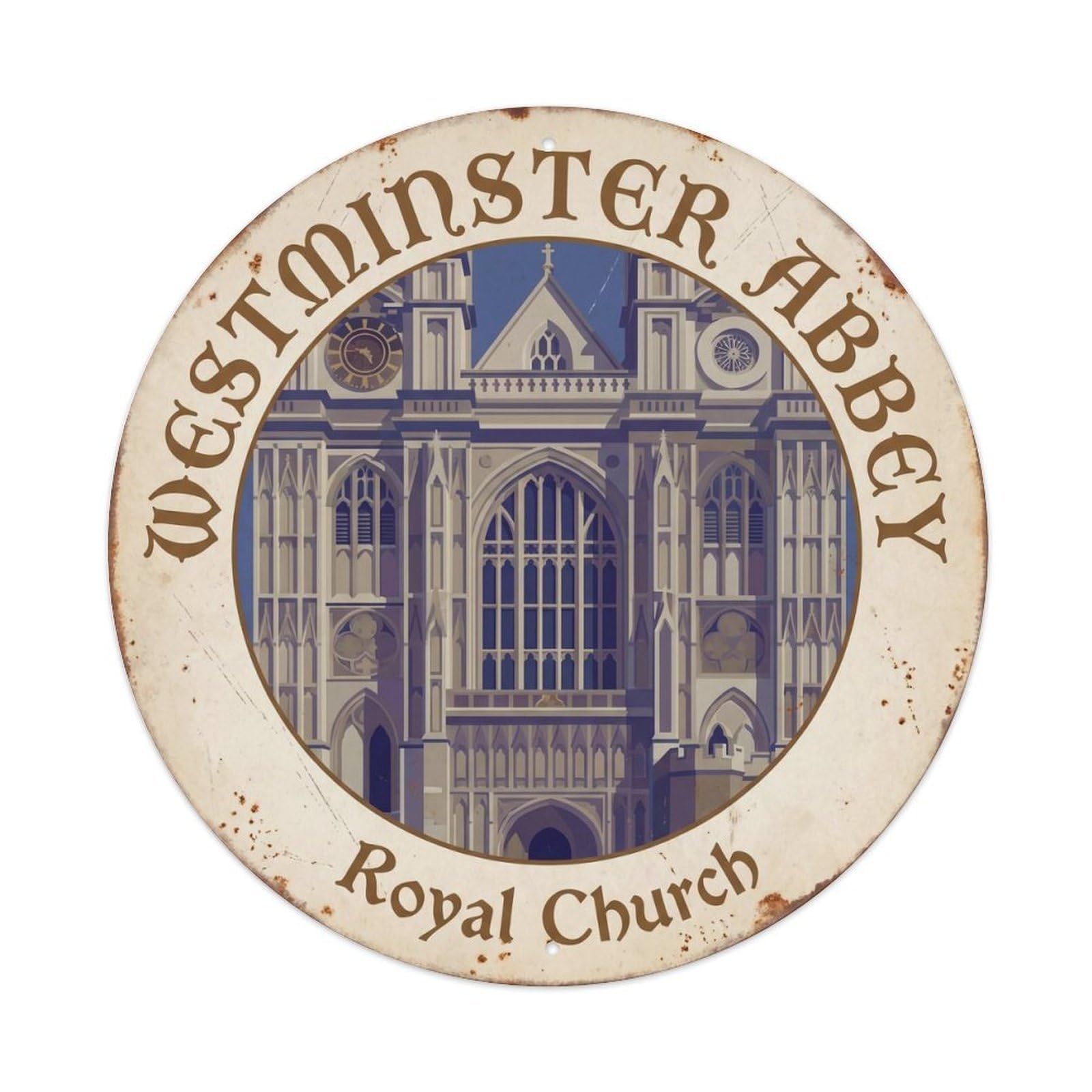 Vintage Travel London Westminster Abbey 1 Metal Tin Sign Plaque Wall Decor for Cafe, Club, Garden Round Metal Poster 8x8Inch