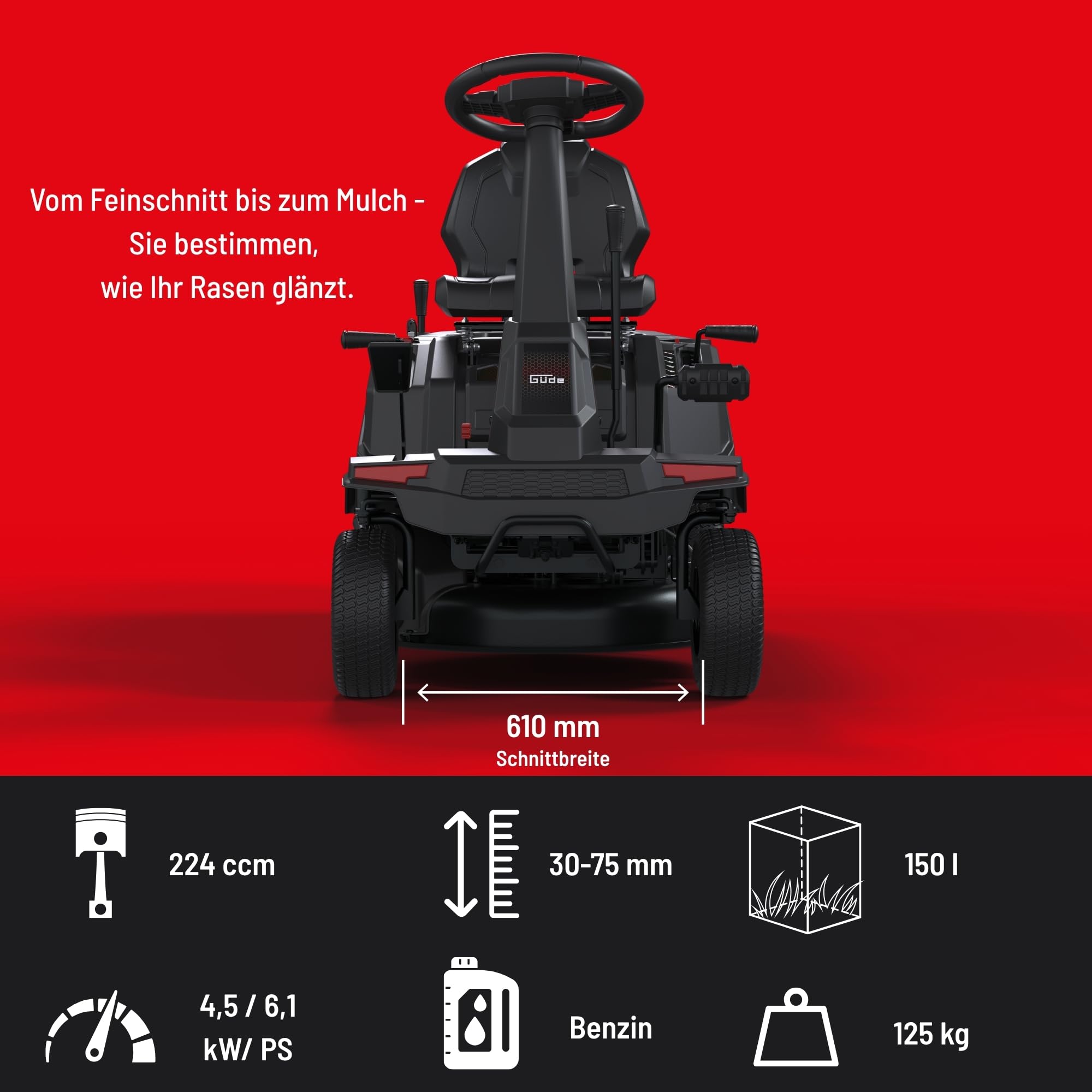 Güde GAR 610-224 Automatik Benzin-Aufsitzmäher - 4-Takt Motor, 224 Kubikzentimeter Hubraum, 4,5 Kilowatt, 6,1 PS, 61 Zentimeter Schnittbreite, stufenlose Temporegelung, Reversierstart und Elektrostart