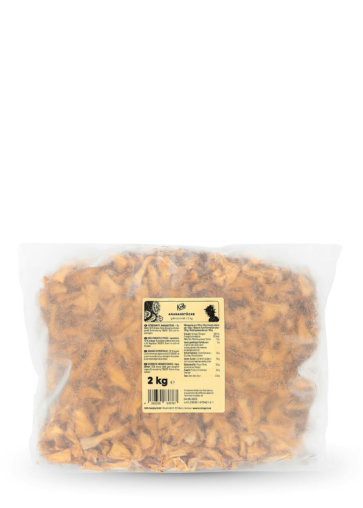 KoRo - Ananas essiccato a pezzetti 2 kg - Frutta disidratata senza additivi - Senza zuccheri aggiunti* e senza solfiti