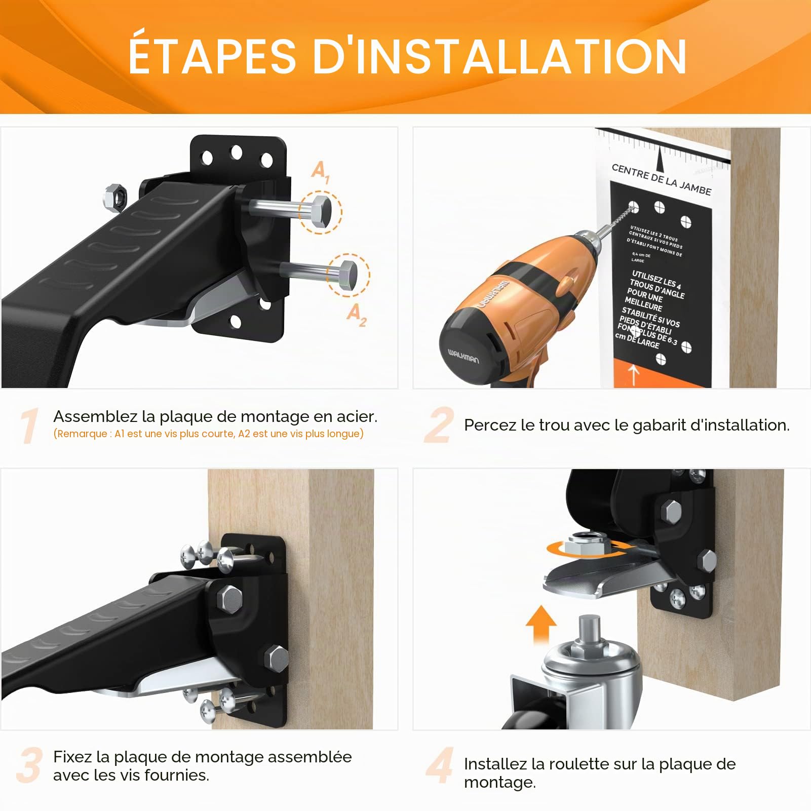 SOLEJAZZ Kit de roulettes d'établi Capacité de 300 kg 4 Roulettes d'établi rétractables robustes Roues en uréthane de construction en acier, gabarit d'installation en prime, paquet de 4