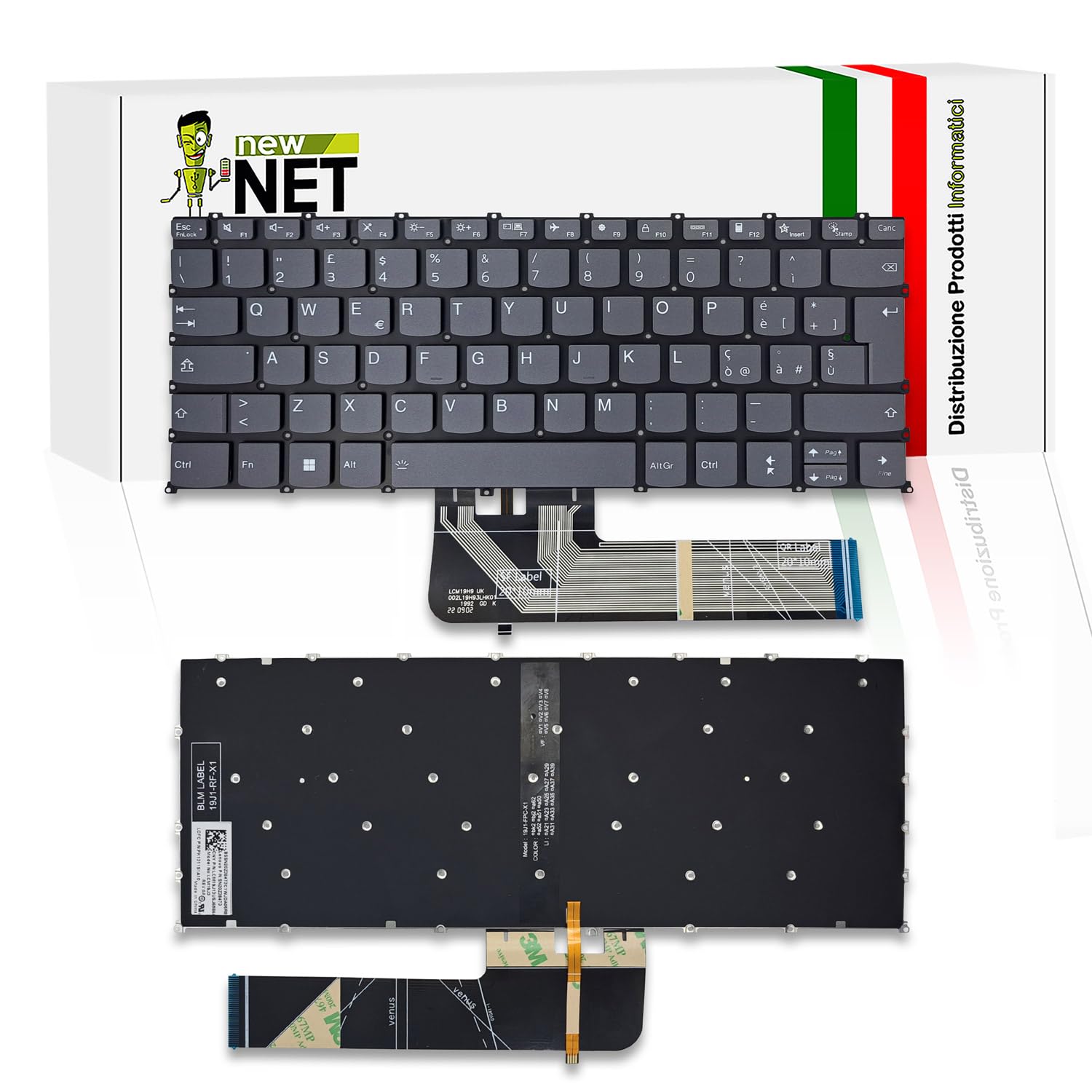 new net - Tastiera Compatibile con Lenovo Ideapad Flex 5-14IIL05 (Type 81WF, 81X1), 5-14ITL05 (Type 82HS, 82LT) [Senza Frame - Colore Tasti Grigio - Retroilluminata - Layout ITA]