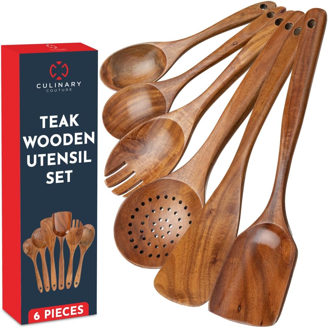 Teak Wooden Utensil Set 6-Piece – Smooth Finish Bamboo Wooden Spoons for Cooking Comfortable Grip, Non Scratch Premium Teak Wood Kitchen Utensils Set Teak Wooden Utensil Set 6-Piece – Smooth Finish Bamboo Wooden Spoons for Cooking Comfortable Grip, Non Scratch Premium Teak Wood Kitchen Utensils Set