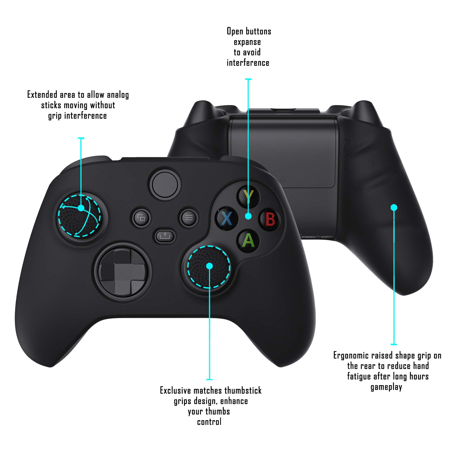 PlayVital Black Pure Series Anti-Slip Silicone Cover Skin for Xbox Series X Controller, Soft Rubber Case Protector for Xbox Core Wireless Controller with Black Thumb Grip Caps - 3
