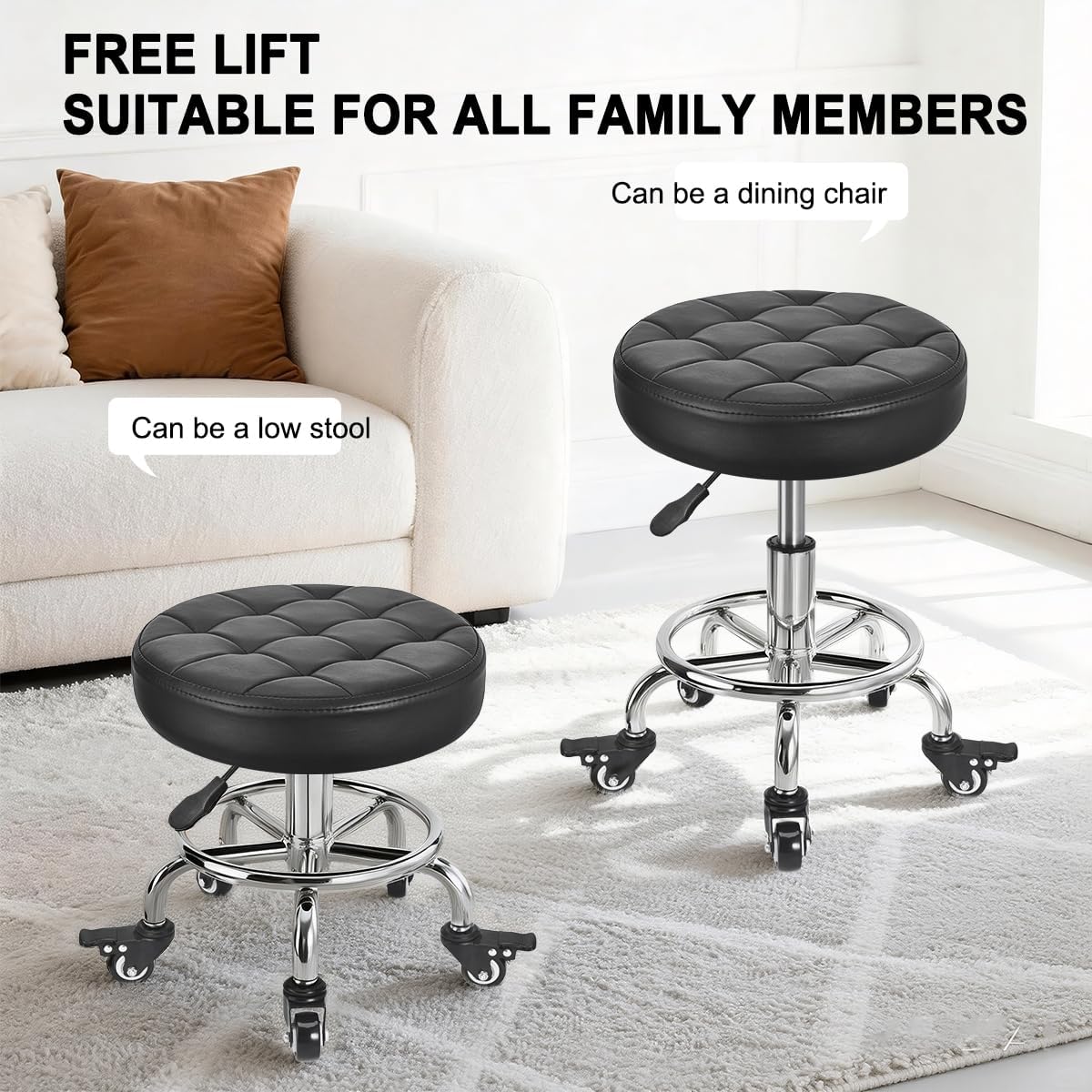 FLOLXNB Rolling Stool Low Roller Seat PU Leather, Rolling Chair Height Adjustable, Garage Stool with Wheels for Manicure Mechanic Home Office Garage Shop (Style 2)