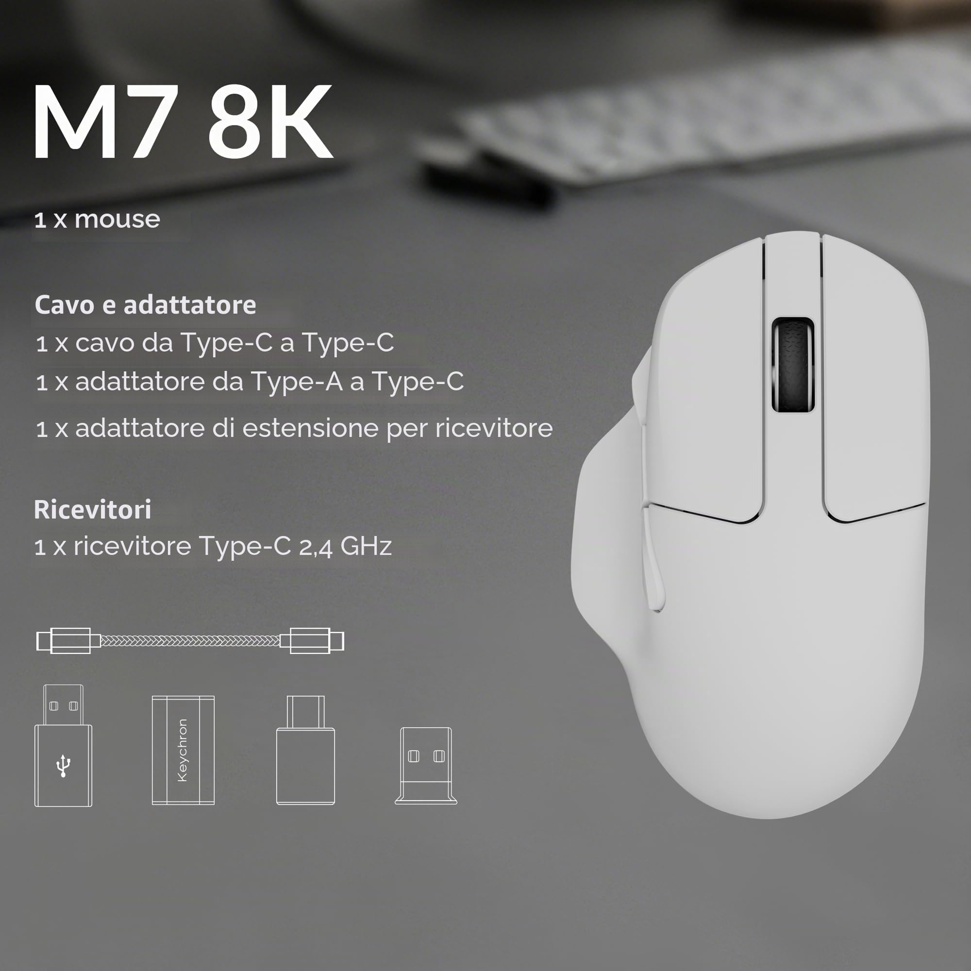 Keychron M7 Mouse Gaming Wireless 8K Polling Rate – Ultra-Leggero 63 g, Sensore PixArt 26.000 DPI, Tri-Mode (2.4G/Bluetooth/Cavo), Tasti Programmabili, Bianco
