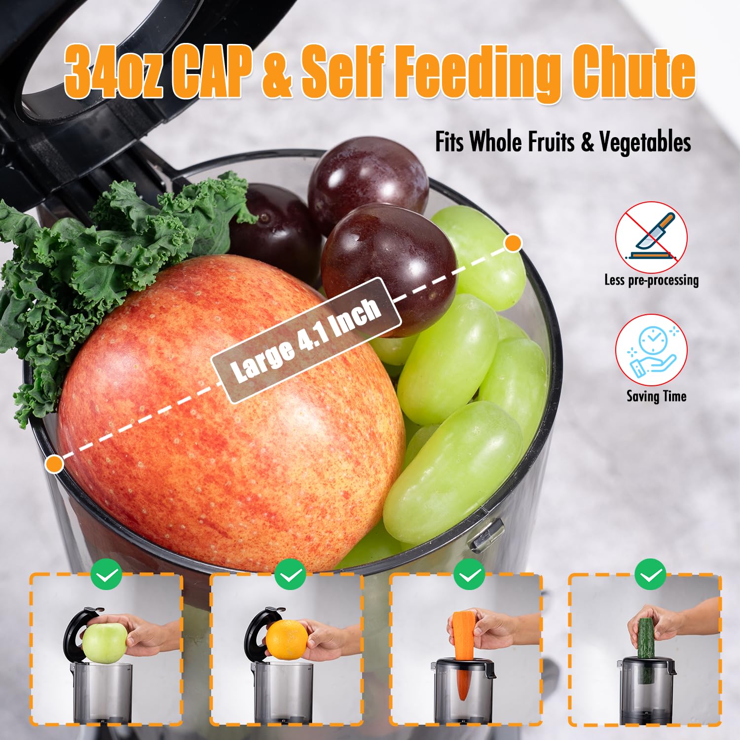 Cold Pressed Juicer Machines, Daybest 120w Quiet Masticating Juicer with 4.1’’ Extra Self Feeding Chute for Whole Fruit, BPA Free Tritan Auger for High Extract, 34oz Compact Slow Juicers Easy to Clean