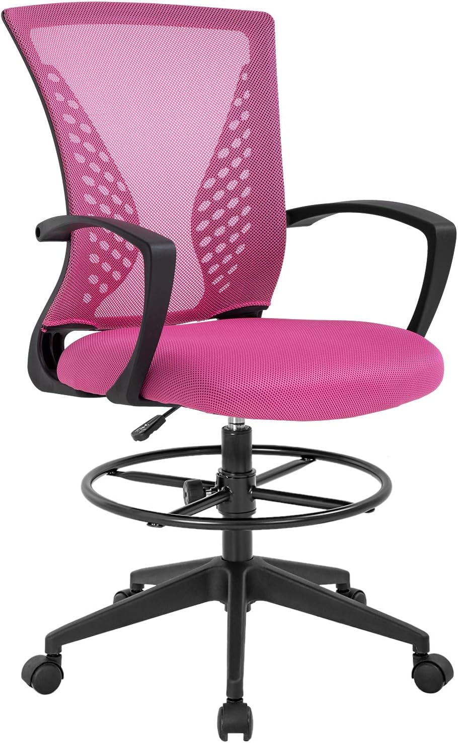 Drafting Chair Tall Office Chair Standing Desk Chair Adjustable Height with Arms Foot Rest Back Support Rolling Swivel Desk Chair Mesh Drafting Stool for Adults (Pink)