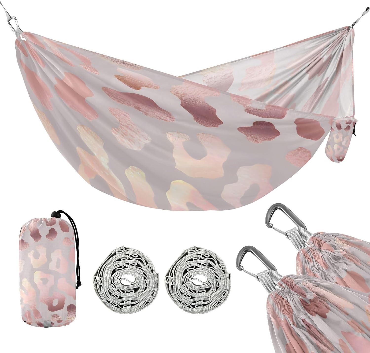 ALAZA Rose Gold Cheetah Leopard Print Camping Hammocks Single or 2 Person 500 lbs Portable Parachute Travel Hammock w/Tree Straps for Hiking Backpacking Indoor Outdoor