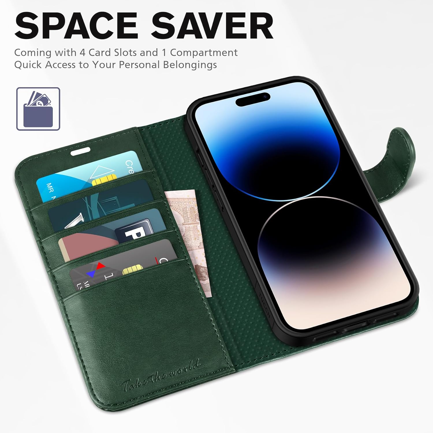 TUCCH Case Wallet for iPhone 14 Pro 6.1", Protective [TPU Shockproof Inner Shell], PU Leather [RFID Blocking] [4 Card Holder] Magnetic Stand Cover Compatible with iPhone 14 Pro 2022, Midnight Green