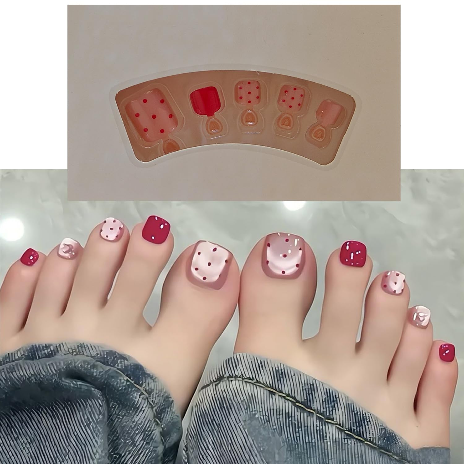 S.A.V.I Short Natural Press-On Toe Nails, Pink Cat Eye Polka Dot Design, Glossy ABS Square Shape, 24 Pcs Reusable Fake Toenails with Nail Glue & Adhesive Tabs-image-18