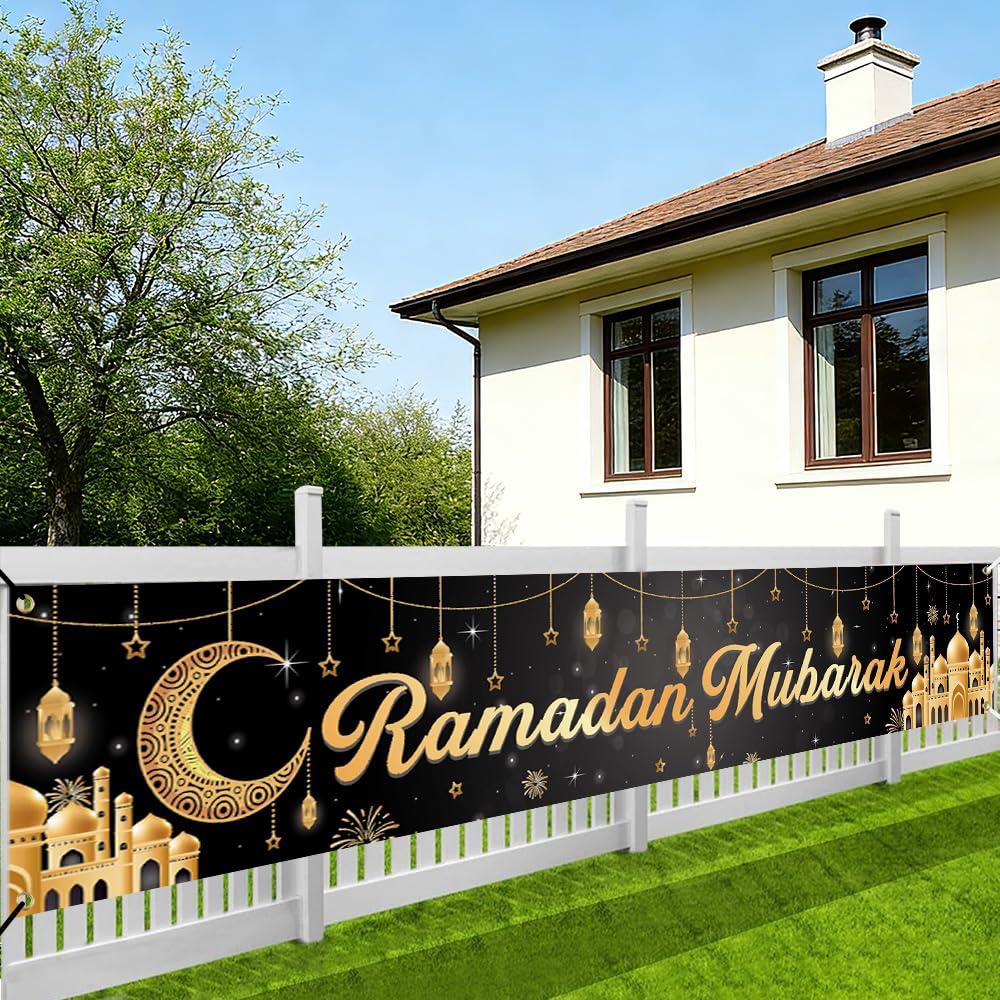 Ramadan Mubarak Decoration Banner, Eid Mubarak Banner for Home Ramadan Mubarak Decoration 2026 Indoor Outdoor,300 * 50cm-Gold& Black