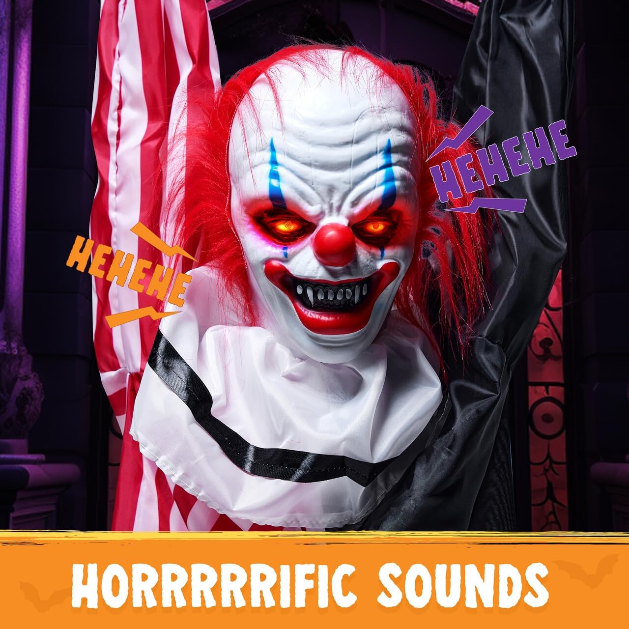 JOYIN Decorazione animatronica da appendere a forma di clown di Halloween, con catena, 165 cm, spaventoso clown con movimento, luce e suono (attivato dal suono), decorazione animata per cortile