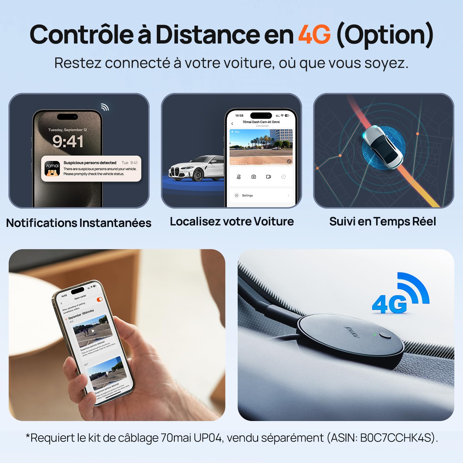 70mai Dashcam Voiture Avant Arriere 4K Omni, 4K+1080P Dash Cam Rotation 360°, Détection Mouvement AI, Camera Voiture Enregistreur Jour et Nuit, GPS, Mode Stationnement 24H, Contrôle APP, Max 512GO