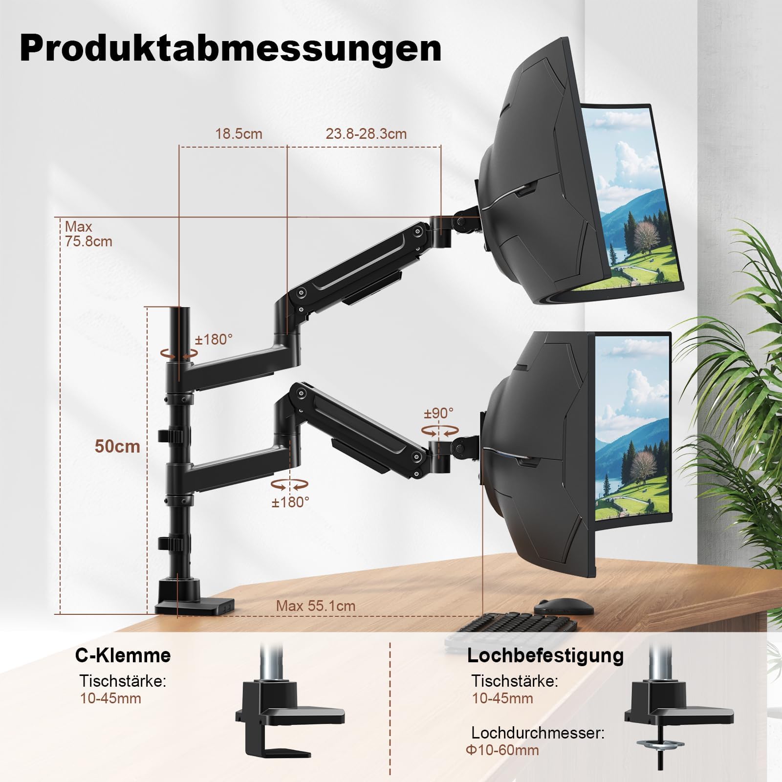PUTORSEN Monitorhalterung 2 Monitore für 17 bis 49 Zoll Bildschirme bis 20 kg pro Arm, Extra Langer Tischhalterung Höhenverstellbar Schwenkbar für optimale Ergonomie, VESA 75/100mm