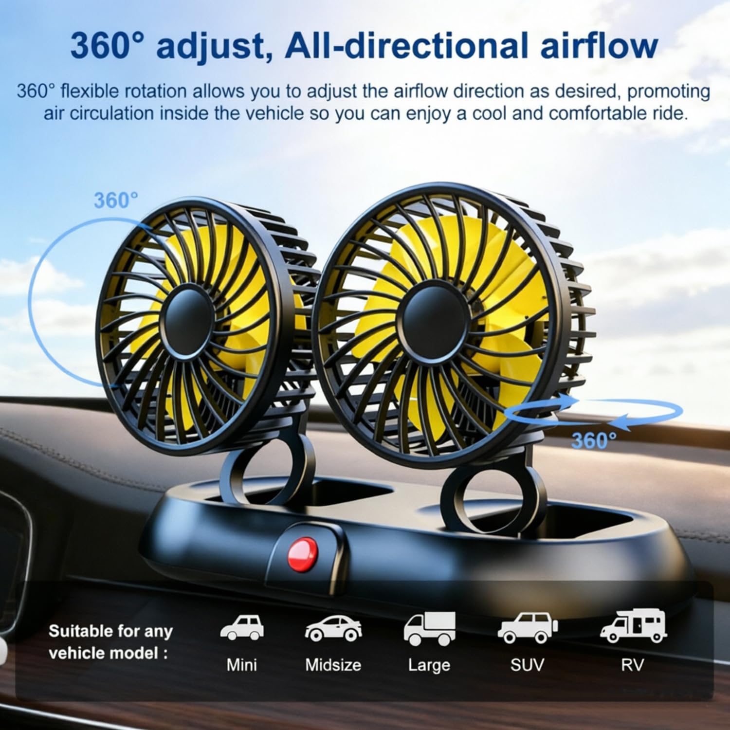 Ventilateur de Voiture à Double Tête 12v 9.6W, Rotation à 360 Degrés à 3 Niveaux de Vitesse Ventilateur de Refroidissement de Voiture USB Avec Plaque D'immatriculation pour Voiture, SUV, Camping-car