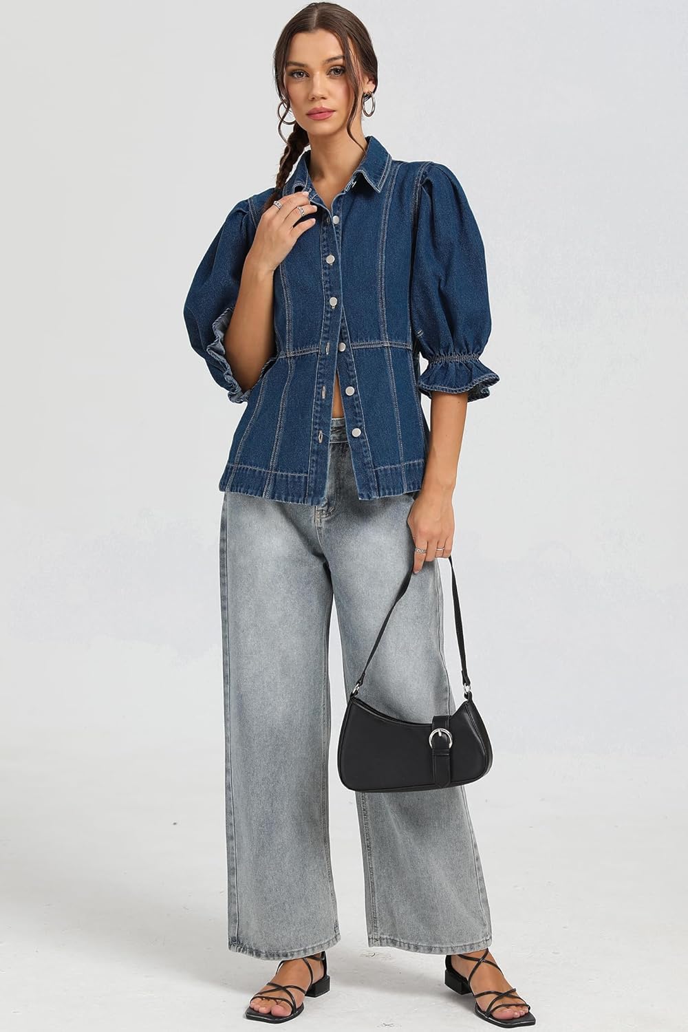 D-Sun Women Short Sleeves Denim Shirt V-Neck Puff Sleeve Button Down Jean Shirt Jacket Fashion Collared Denim Top Blouse - Image 6