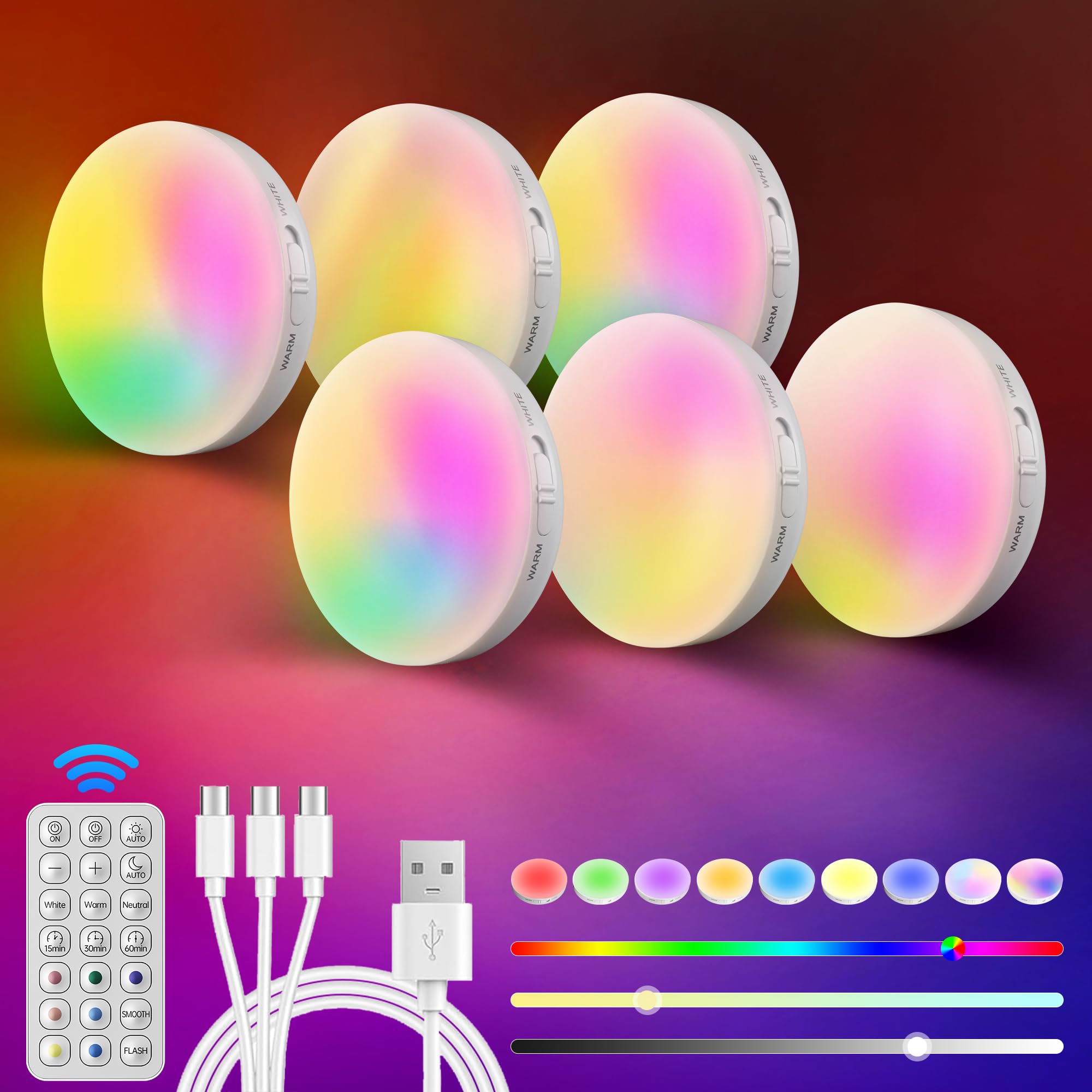 Homelist NL4 Lot de 6 Éclairages de Vitrine LED avec Télécommande, Rechargeable RGB Détecteur de Mouvement