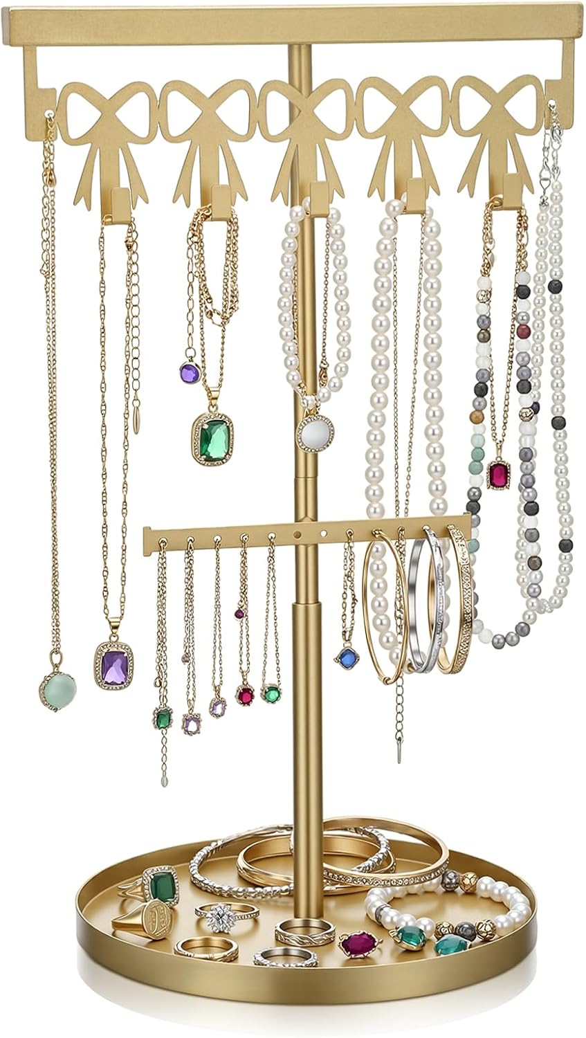 Unittype 15.75" Gold Bow Shaped Jewelry Stand Holder Organizer T Coquette Jewelry Tower 3 Tier for Display Necklaces Bracelet Earring Rings Metal Storage Rack Hanger with Ring Tray Bow Decor for Women
