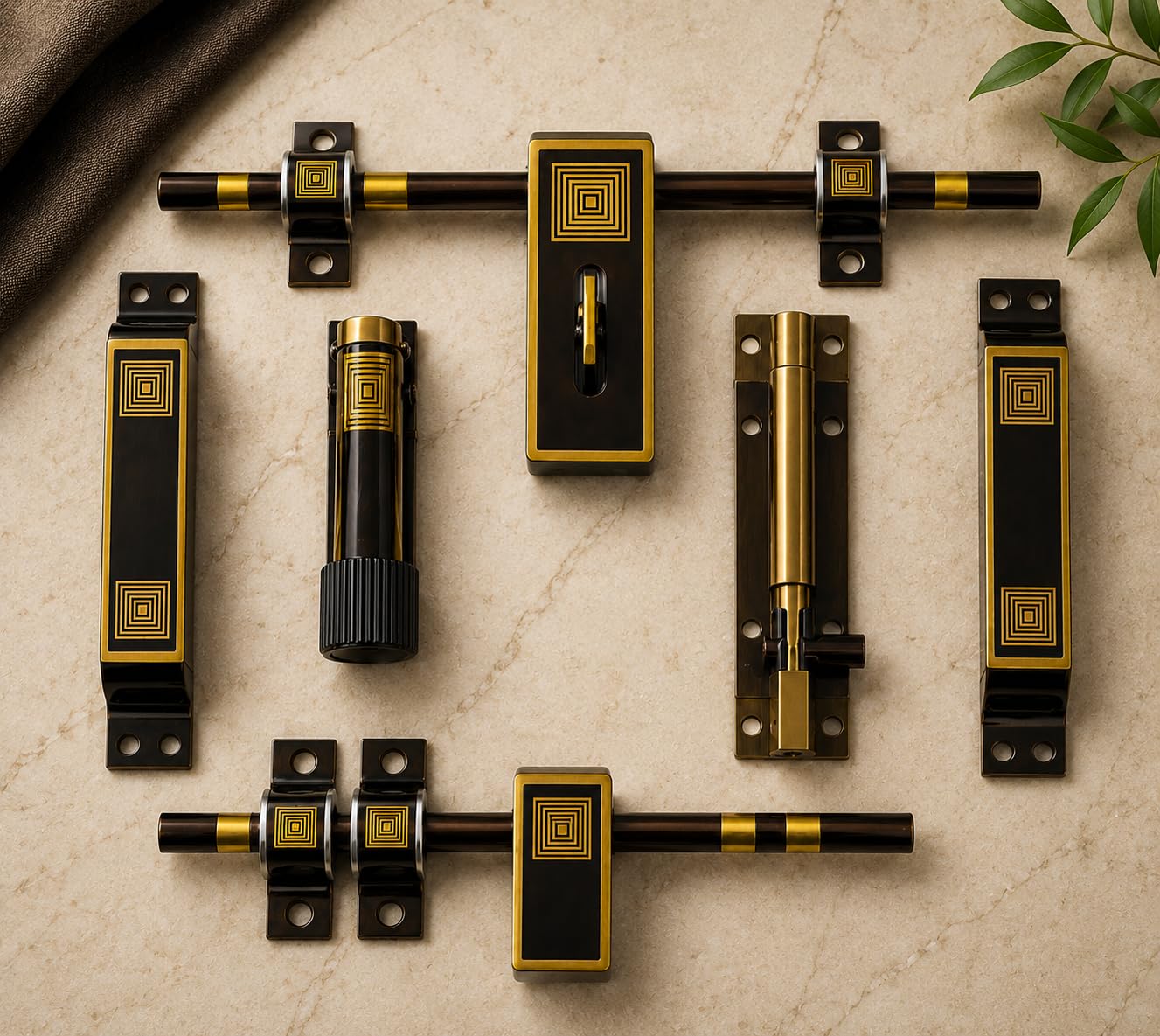 Premium Brass Main Door Handle & Lock Set with Aldrop, Tower Bolt, Hinges & Accessories | Antique Gold Designer Door Hardware Kit for Wooden Doors | Complete Door Fitting Set (MDL 14)-picture-29