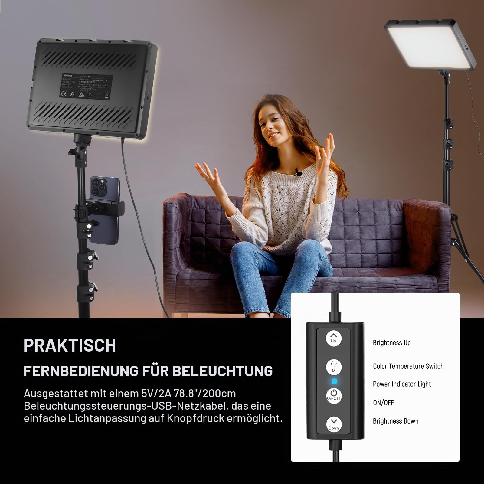 NEEWER BASICS 2 Pack LED Video Light Panel Lighting Kit mit 2 59'' Ständer & 2 Telefonhalter, 850lx/0.5m Bi Color 2700K-6500K Dimmbares Studio Licht für Fotografie Filmen Aufnahme Live Stream, BP300