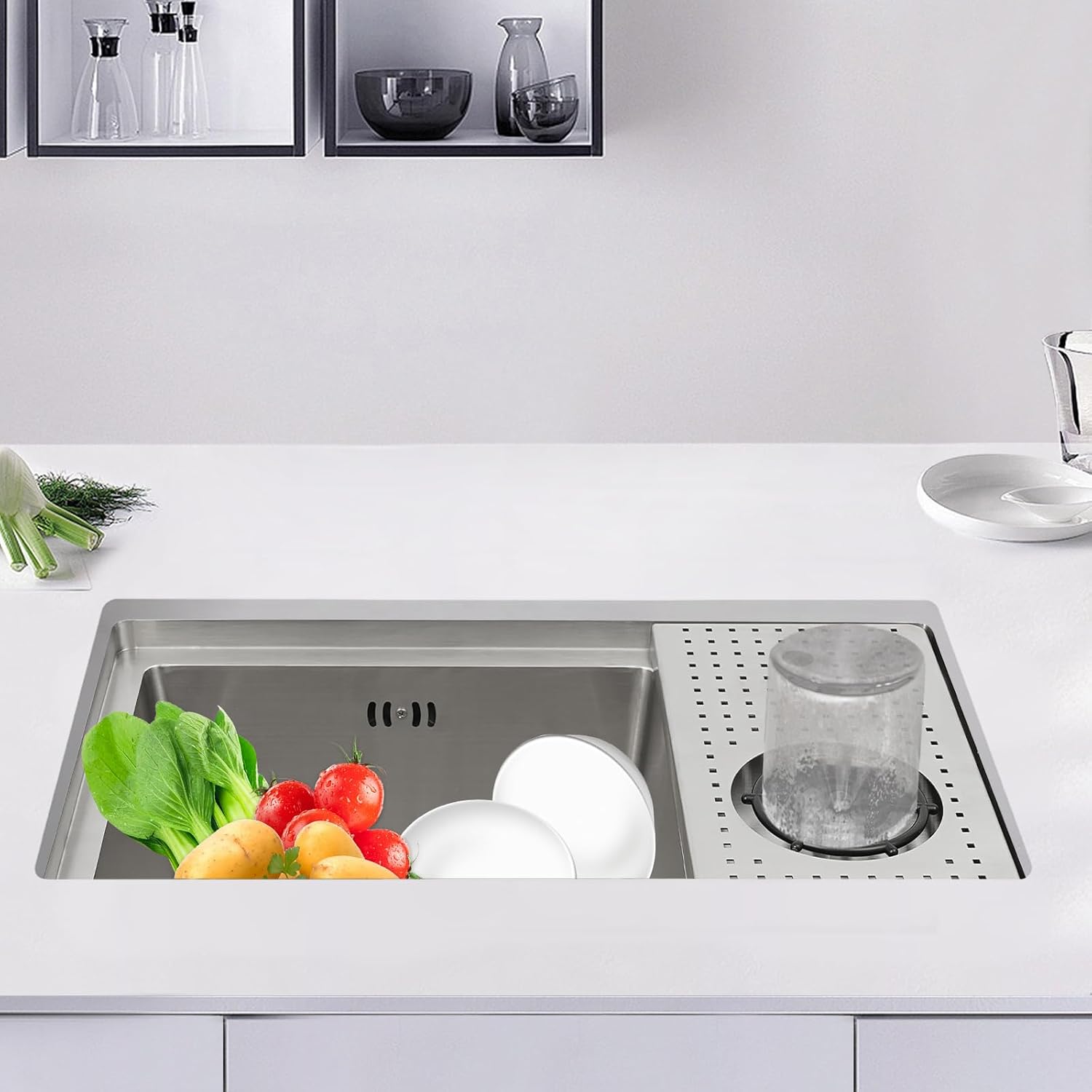 Bar Sink with Glass Rinser, Drop In Stainless Steel Sinks, Silver Kitchen Workstation Sink Undermount, Deep Single Bowl Sink with Cup Washer, Cutting Board