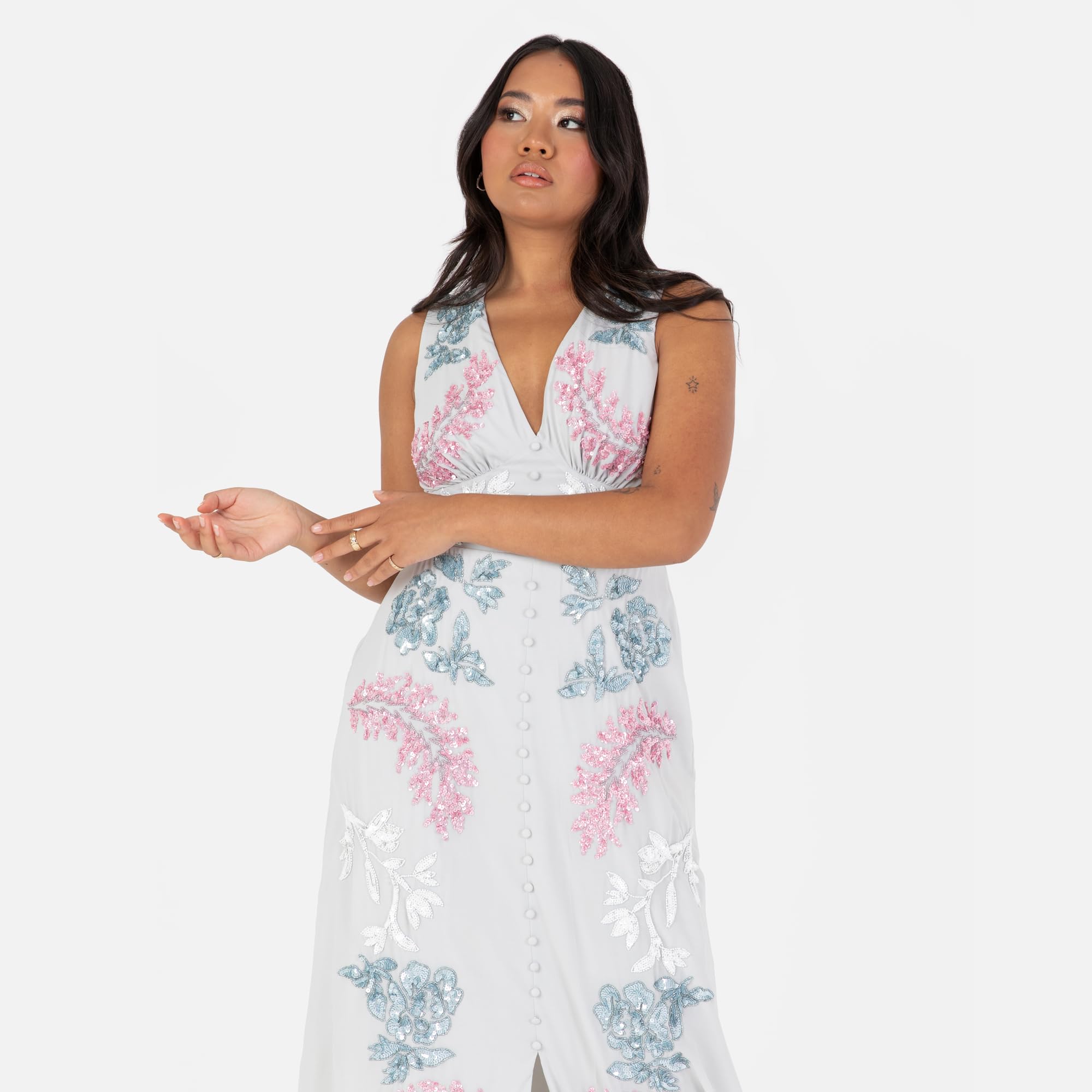Maya Deluxe Women's Ladies Maxi Dress V-Neckline Sleeveless Floral Sequin Embellished Button Front Slit for Wedding Guest Occasion Vestito Donna