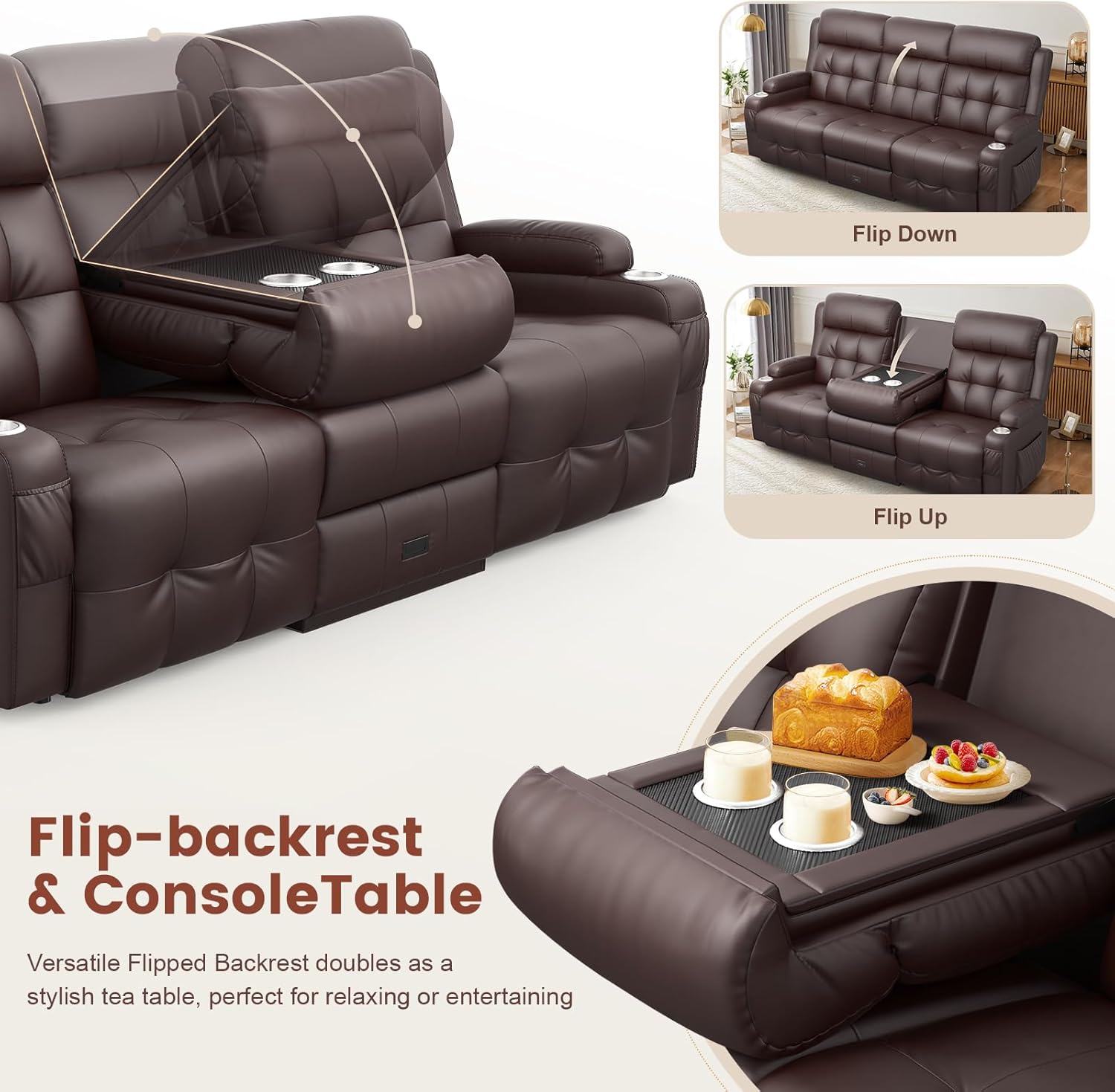 recliner sofa 3 seater showing storage and cup holders