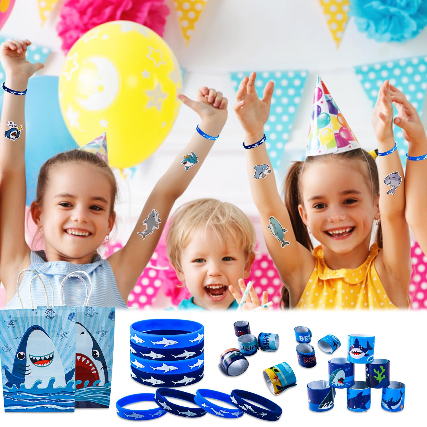 86 pezzi pensierini di squalo di compleanno per bambini, 12 bracciali con squalo, 8 bracciali in silicone, 8 sacchetti, 8 portachiavi, 50 adesivi