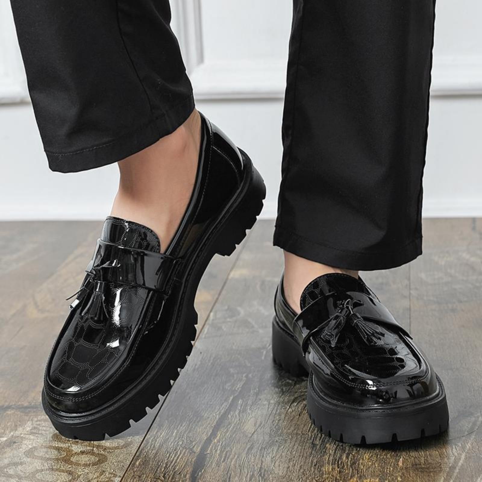 Mocasines Plataforma Hombre Zapatos Vestir Slip-On De Piel Charol | Zapatos Formales De Estilo Moderno Con Borlas, Puntera Redonda Y Suela De Goma, Para Bodas Y La Oficina