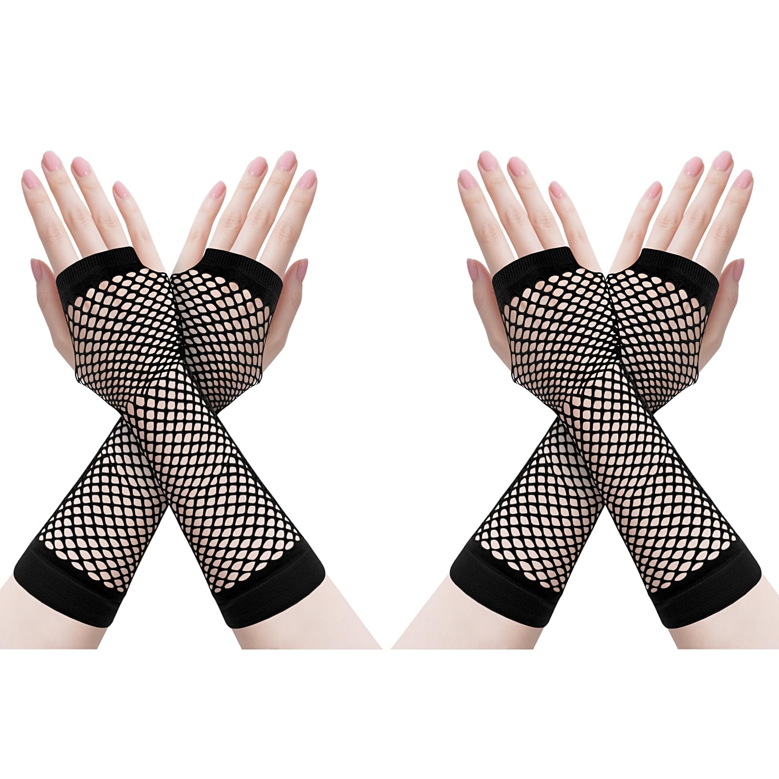 Ztvowto Women's Long Black 2 Pairs Fingerless Fishnet Gloves, 80S 90S Mesh Gloves For Halloween, Christmas, Costume Parties And Cosplay Accessories(Long Black)