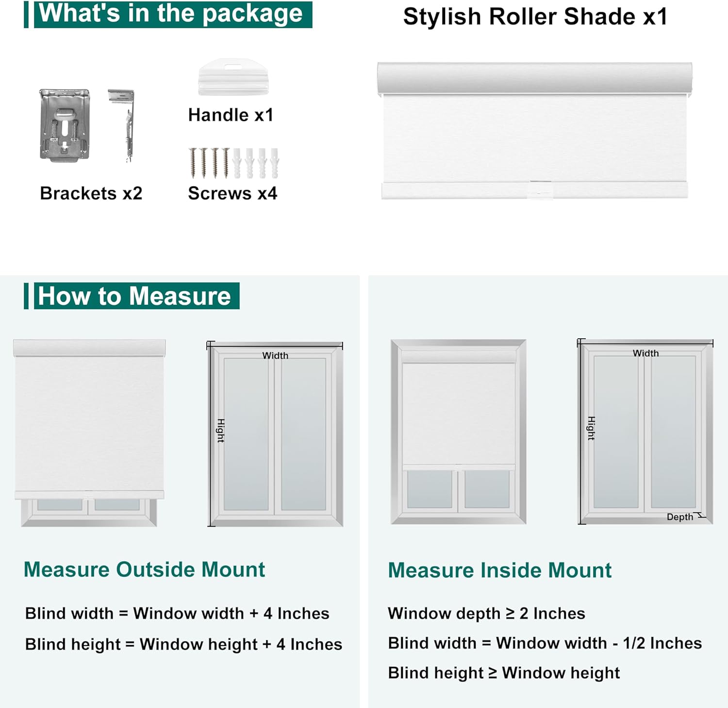 Light Filtering Roller Blinds & Shades Cordless Blinds for Windows with Jacquard Fabric, UV Protection Thermal Insulated Door Blinds, Easy to Install Window Blinds,(White,34" W x 64" H)