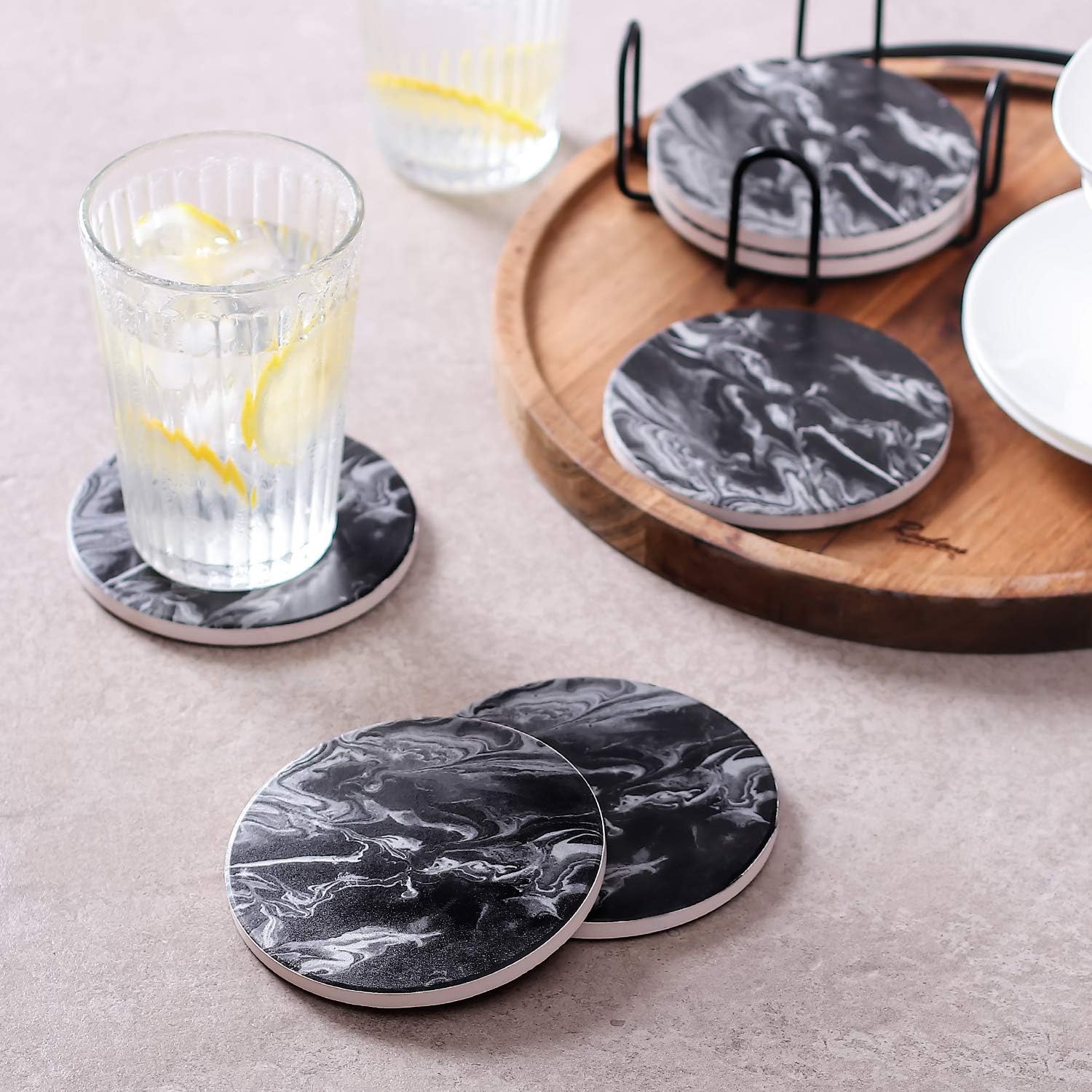 LIFVER Coasters for Drinks Absorbent, Ceramic Coasters Set of 6 with Cork Base, Protect Wooden Table or Furniture from Scratched, Drink Coasters with Holder - Grey